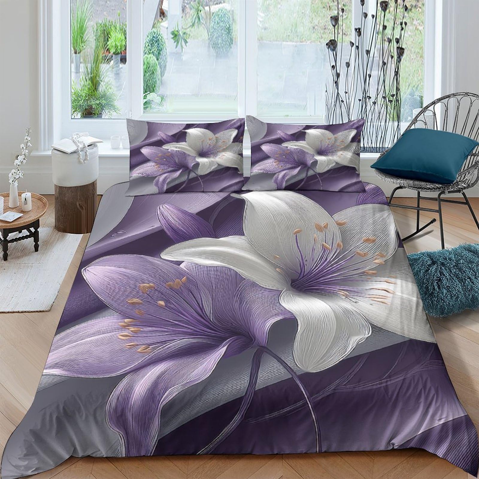 Ctjqhvkz Style-3 3D Printed Purple Lily Fitted Sheet Microfiber Soft Floral White Flower Mattress Cover Bedroom Decor Dorm Protection Single（135X200cm）