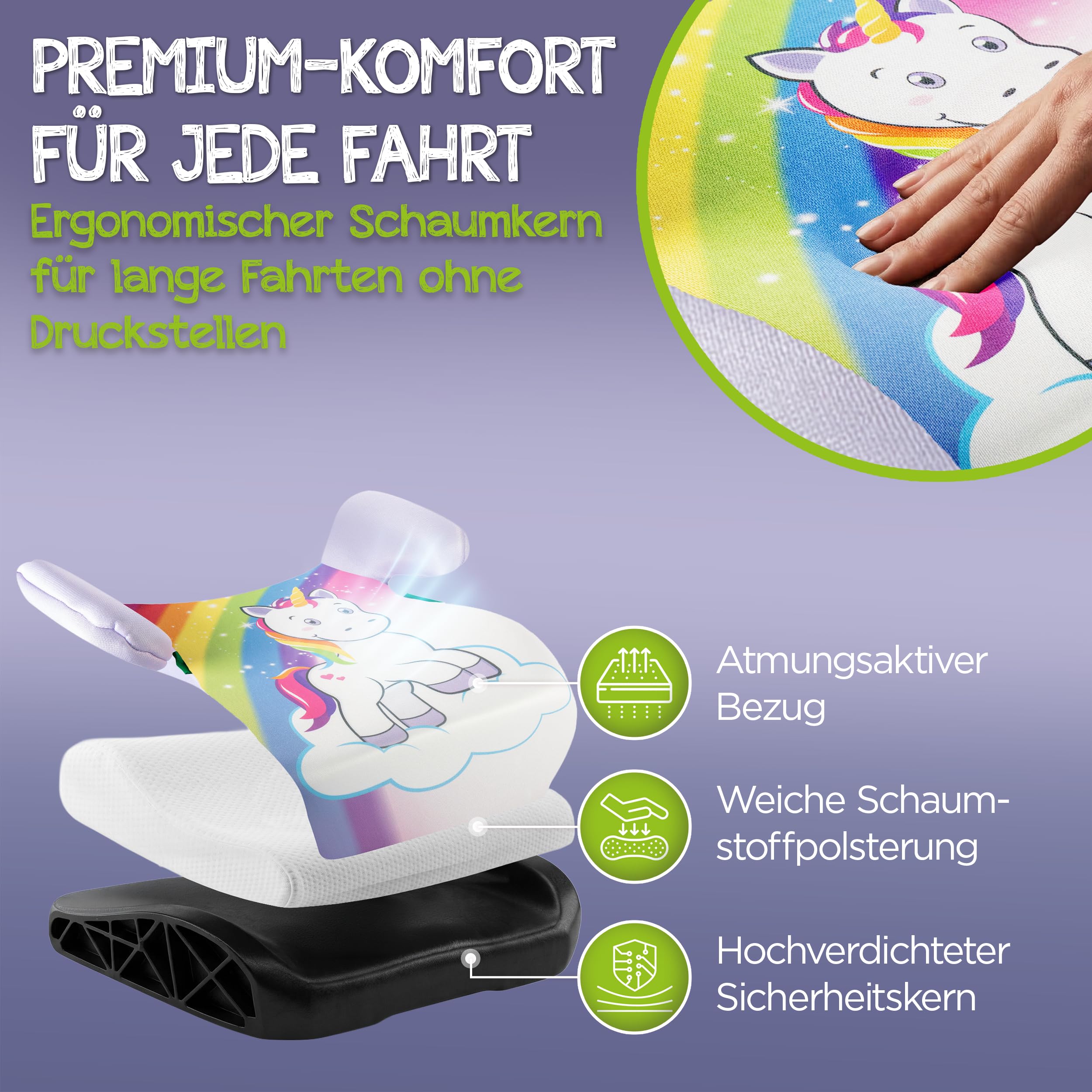 Kindersitzerhöhung Einhorn – Praktisch & komfortabel – Geprüfte Sicherheit – Niedliches Lieblingsmotiv für Mädchen