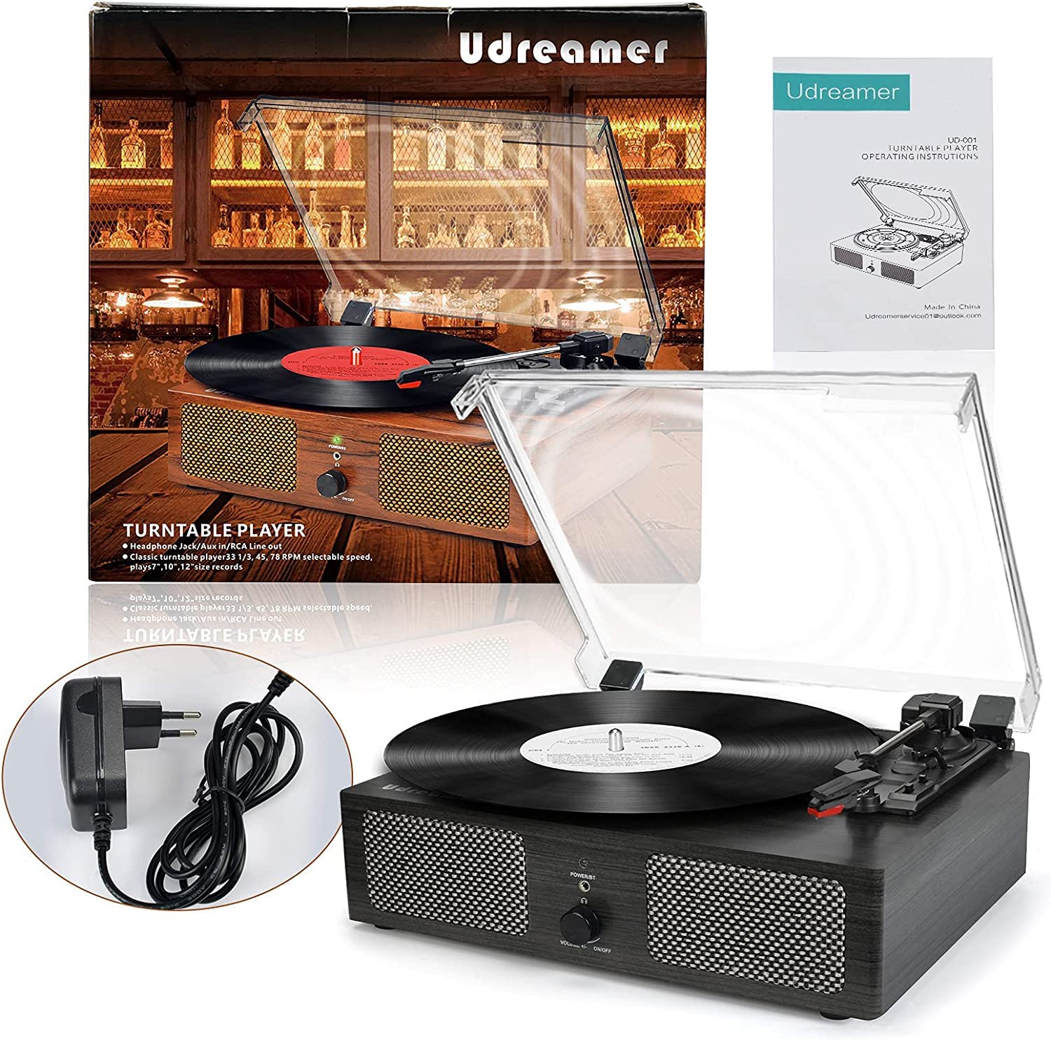 Udreamer Platine Vinyle, Tourne-Disque avec Haut-parleurs intégrés et entraînement par Courroie Bluetooth, phonographe Vintage avec 3 Vitesses Bois Noir
