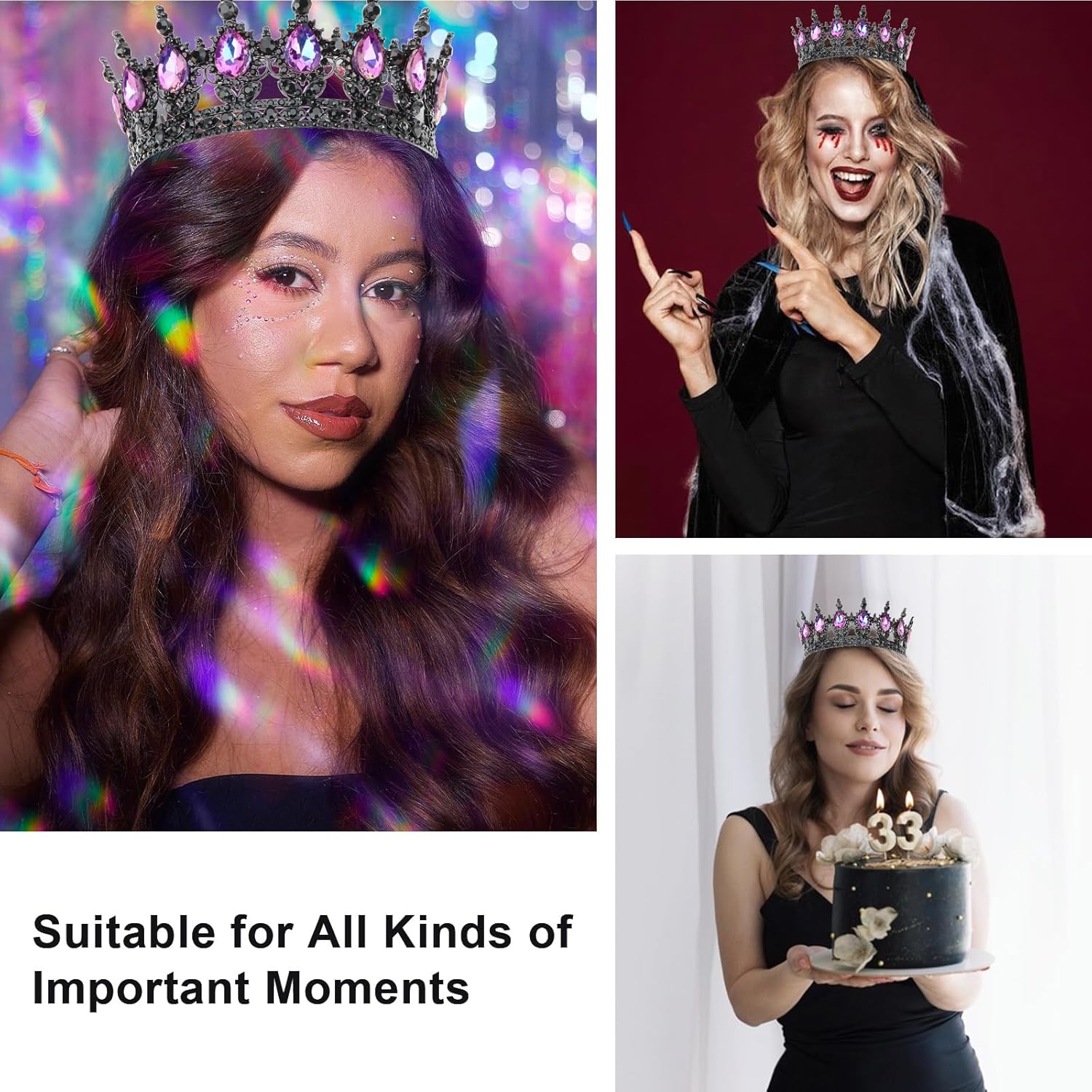 CAVETEE Crystal Crowns for Women Full Round Queen Tiara for Women Bridal Wedding Prom Princess Birthday Decorations Birthday Crown Cake Topper - Image 6