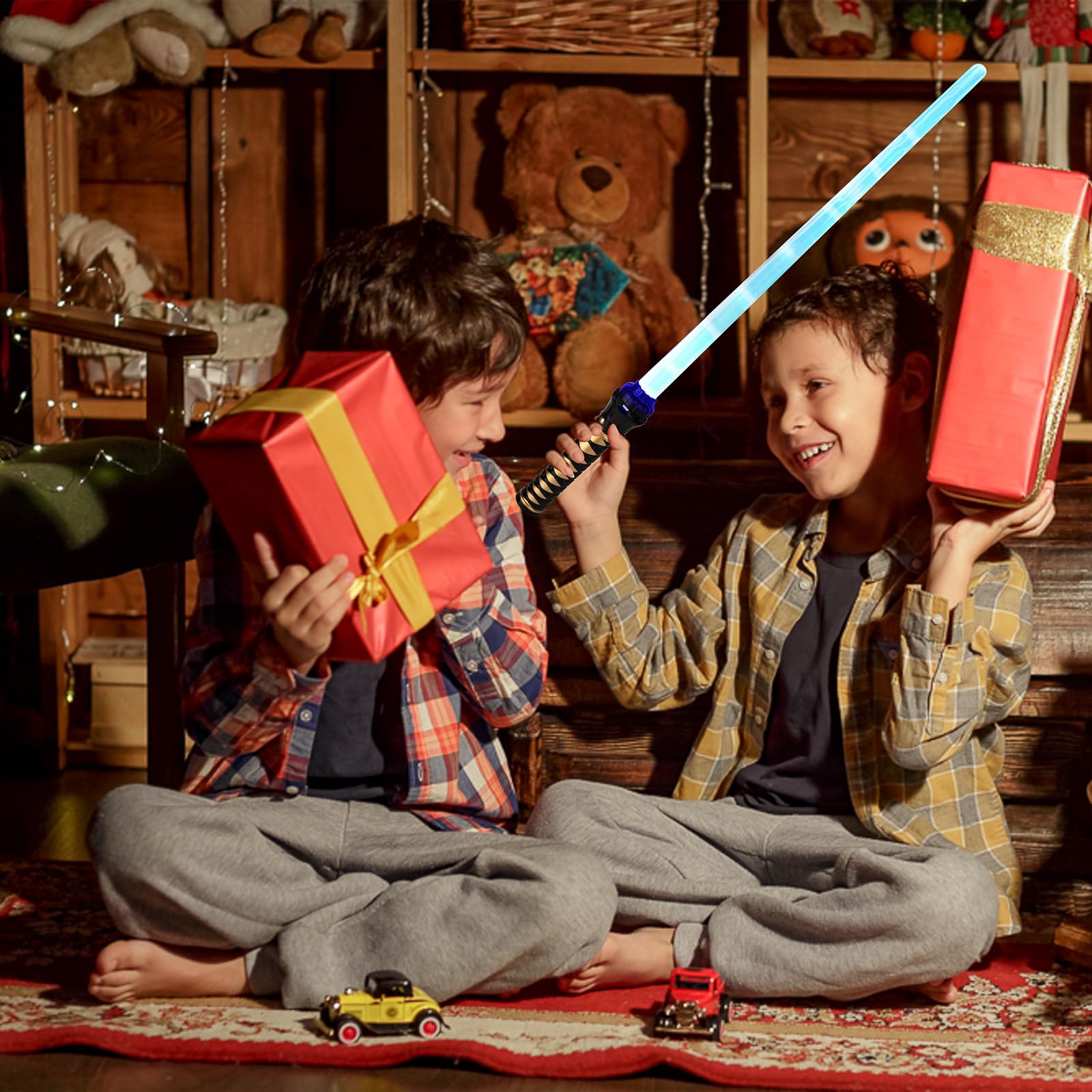 Sabre Laser, 2 Pièces 15 Couleurs Lightsaber avec Effets sonores FX, 2 en 1 Sabre Laser Lumineux, Jouets Sabre Laser pour Enfants, pour Halloween, Cosplay, Fêtes sur Samouraïs