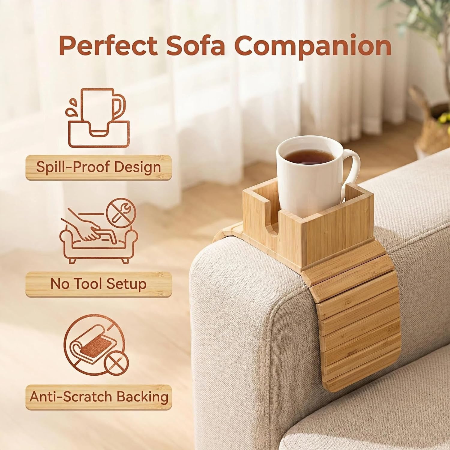 Bamboo Couch Cup Holder & Armrest Tray Sofa Drink Holder Insert Multi Functional Armrest Tray Table for Living Room