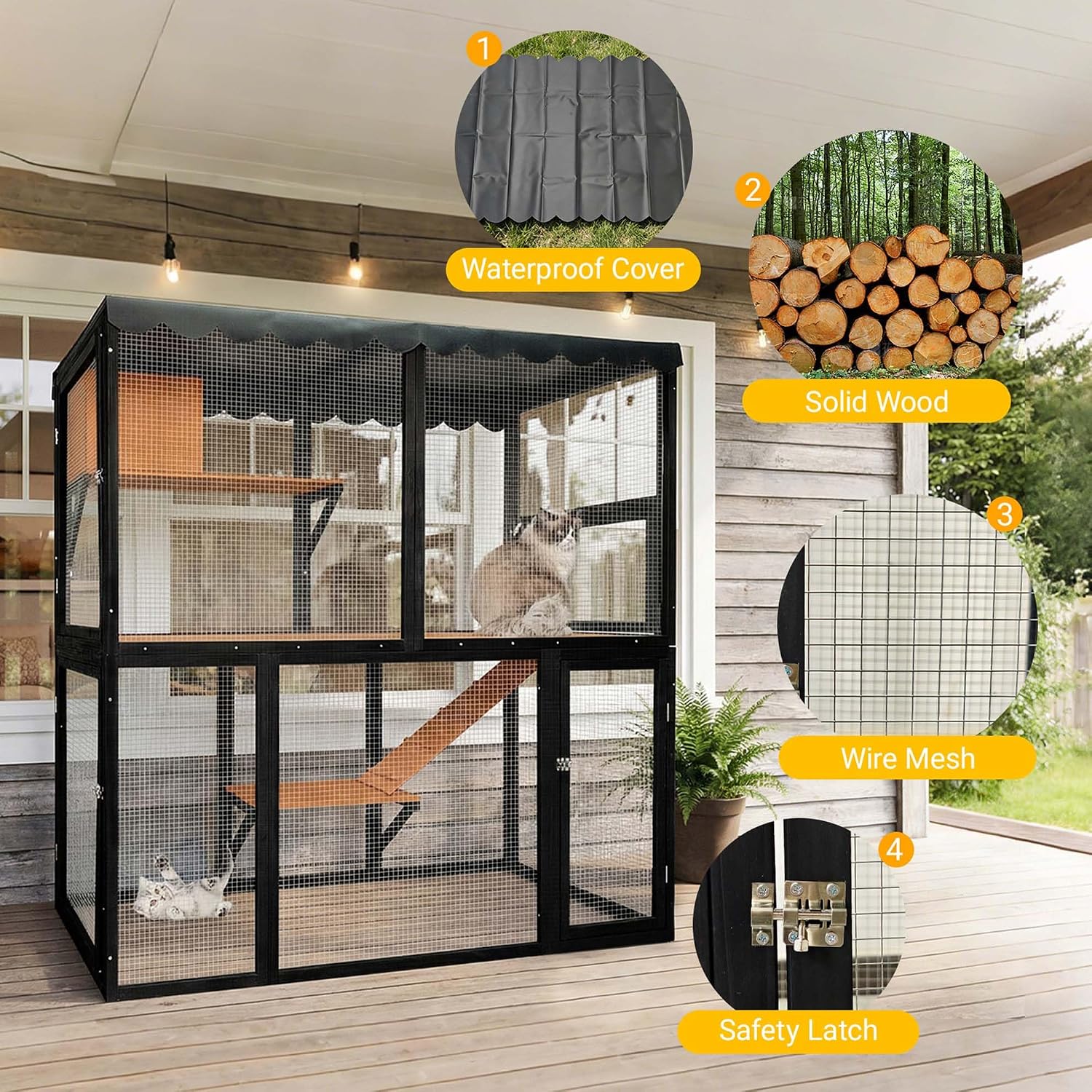 Majnesvon Large cat Outdoor Enclosure with Ramp, 4 Tier cat cage Outdoor with 4 Doors & Cover, Wooden catio Indoor with Metal mesh for 2-3 Cats