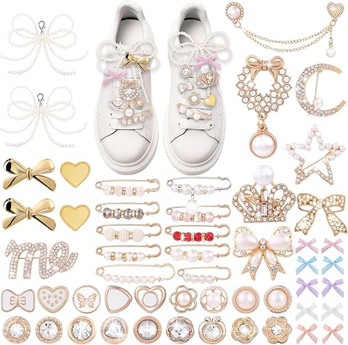 JOICEE 54 Pcs Shoe Charms Kit for Sneakers, Gold Brooches Pins Pearl Bow Lace Shoes Charms Jewelry Accessories Bulk for Sneakers Socks Clothes Hats Bags Decor