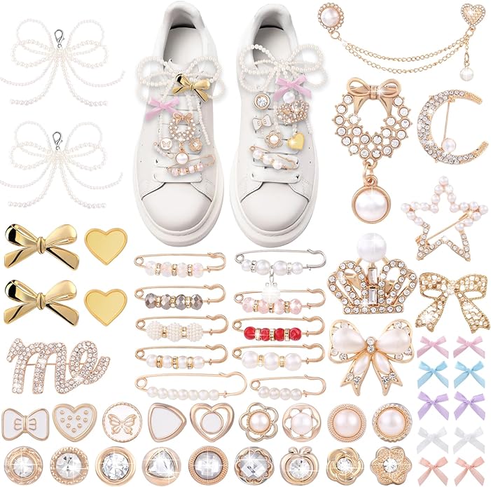 JOICEE 54 Pcs Shoe Charms Kit for Sneakers, Gold Brooches Pins Pearl Bow Lace Shoes Charms Jewelry Accessories Bulk for Sneakers Socks Clothes Hats Bags Decor