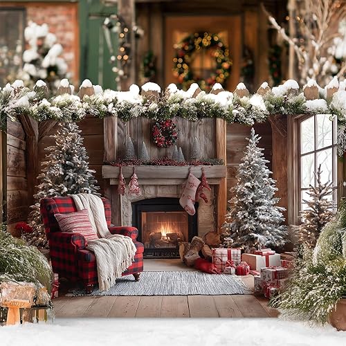 Miniatura 6 de Telón de fondo de Navidad de 71 x 43 pulgadas, para chimenea, sala de estar, con medias de árbol y regalos para decoración de fiestas de invierno en