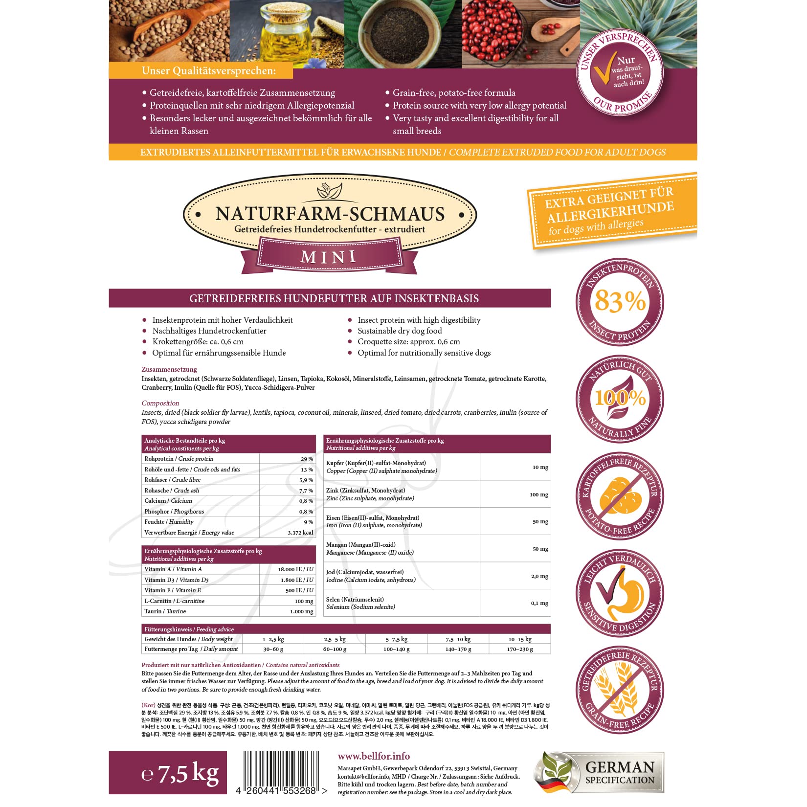 Bellfor Naturfarm-Schmaus Mini Pienso hipoalergénico sin Cereales para Perros con Insectos de 7,5 kg - para Razas pequeñas, Altamente digestible y sin subproductos Animales