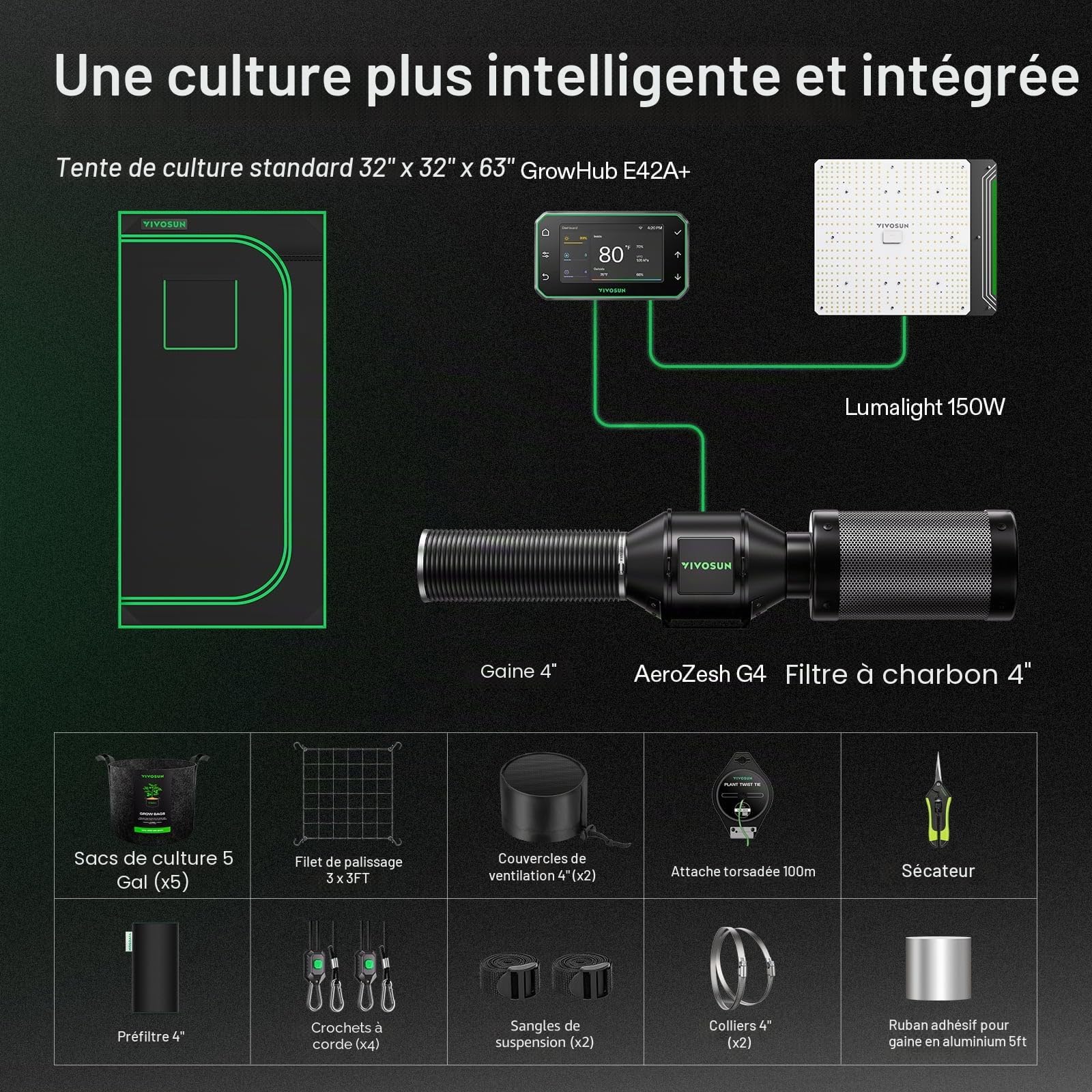 VIVOSUN Kit Tente Culture 80x80x160 cm, LED 150W, GrowHub E42A