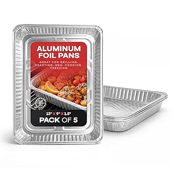 IDL Packaging 4 lb. Oblong Aluminum Foil Pans - 13" x 9" x 1.5 pack of 5 - Disposable Foil Baking Dishes - Great for Grilling, Roasting, BBQ, Cooking, Freezing
