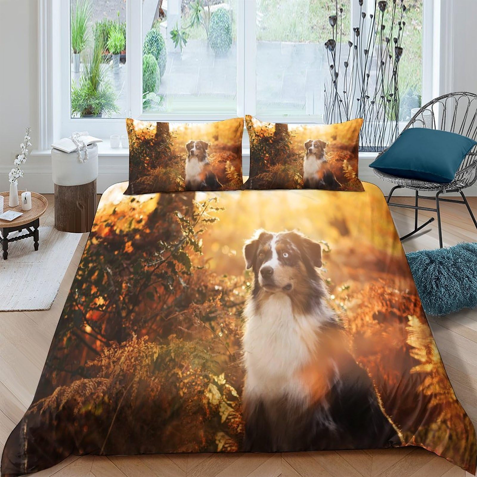 GPLZQXKJNH 3D Printed Autumn Forest Dog Duvet Cover Microfiber Soft Breathable Nature Scene Bedding Set with 2 Pillowcases for Bedroom Decor Single（135x200cm）