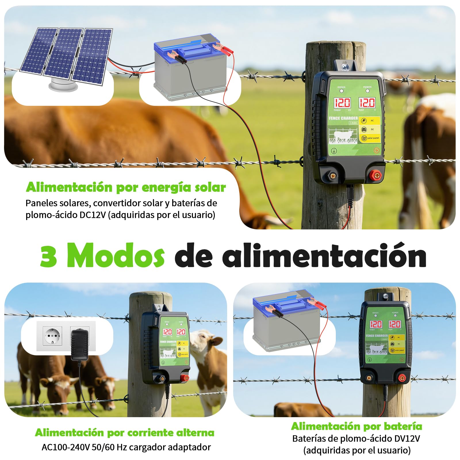 12KM Valla Eléctrica para Ganado y Animales, Electrificador de Cerca con Salida de 12kV 3.0J y Pantalla LCD, Protección para Caballos, Ovejas, Perros, Jardines, Pastos y Granjas ( Negro y verde)