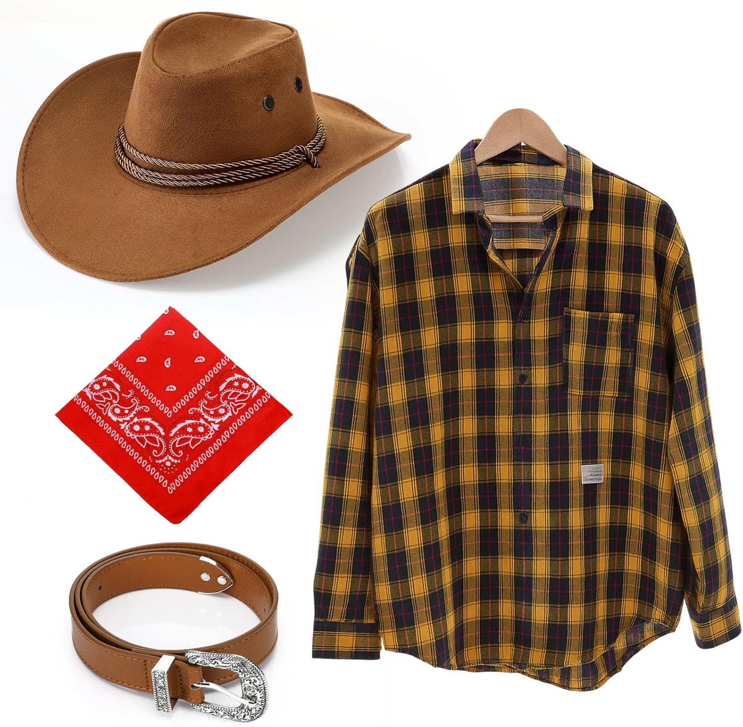 Shyyween 4 Pcs Western Cowboy Outfit Costume for Men Camel Hat Belt Bandana Yellow Plaid Flannel Shirt for Halloween Cosplay