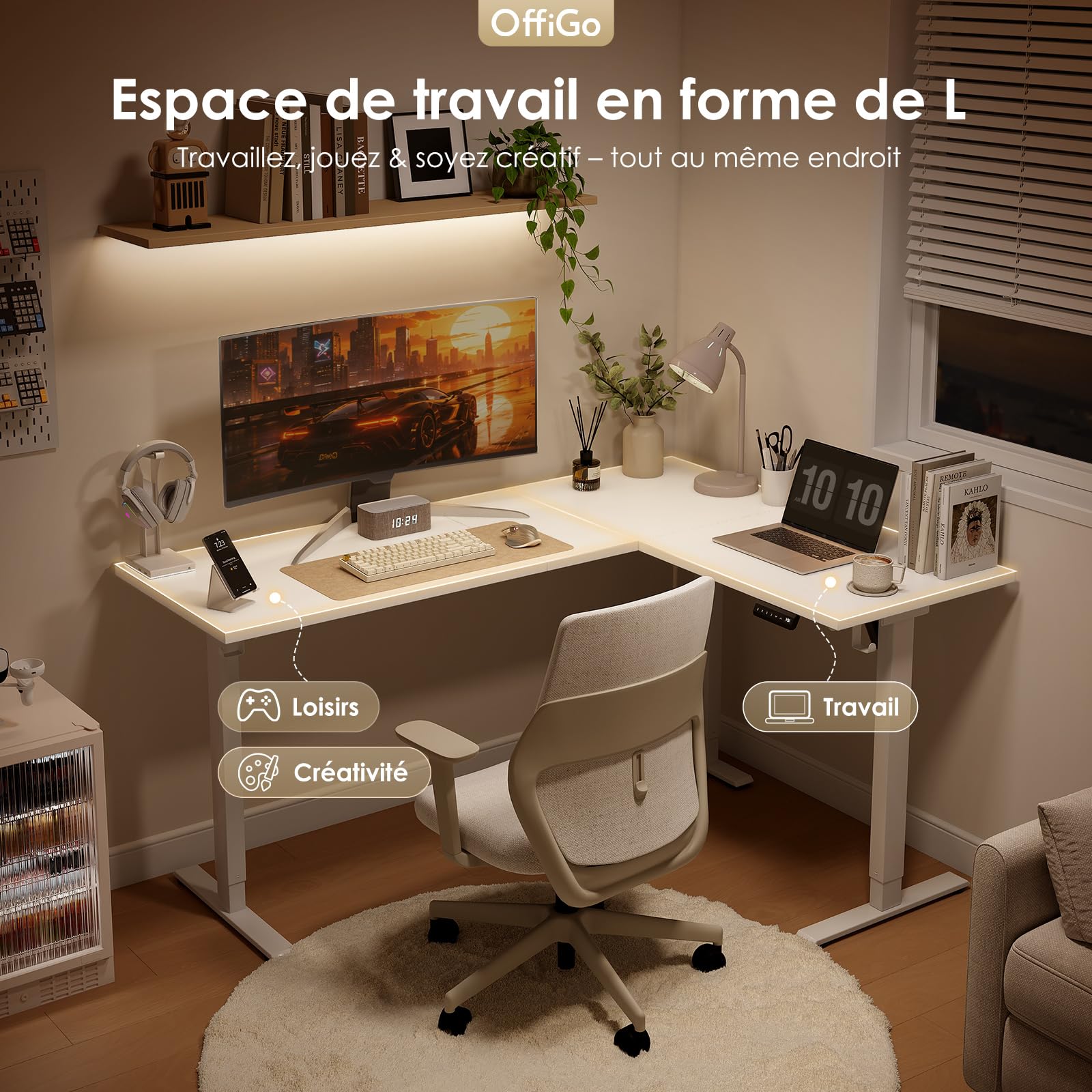 OffiGo Bureau d'angle Assis Debout, 160 x 120 cm Ergonomique réglable Hauteur en Bureaus d'ordinateur Assis Debout, pour Bureau à Domicile, Blanc