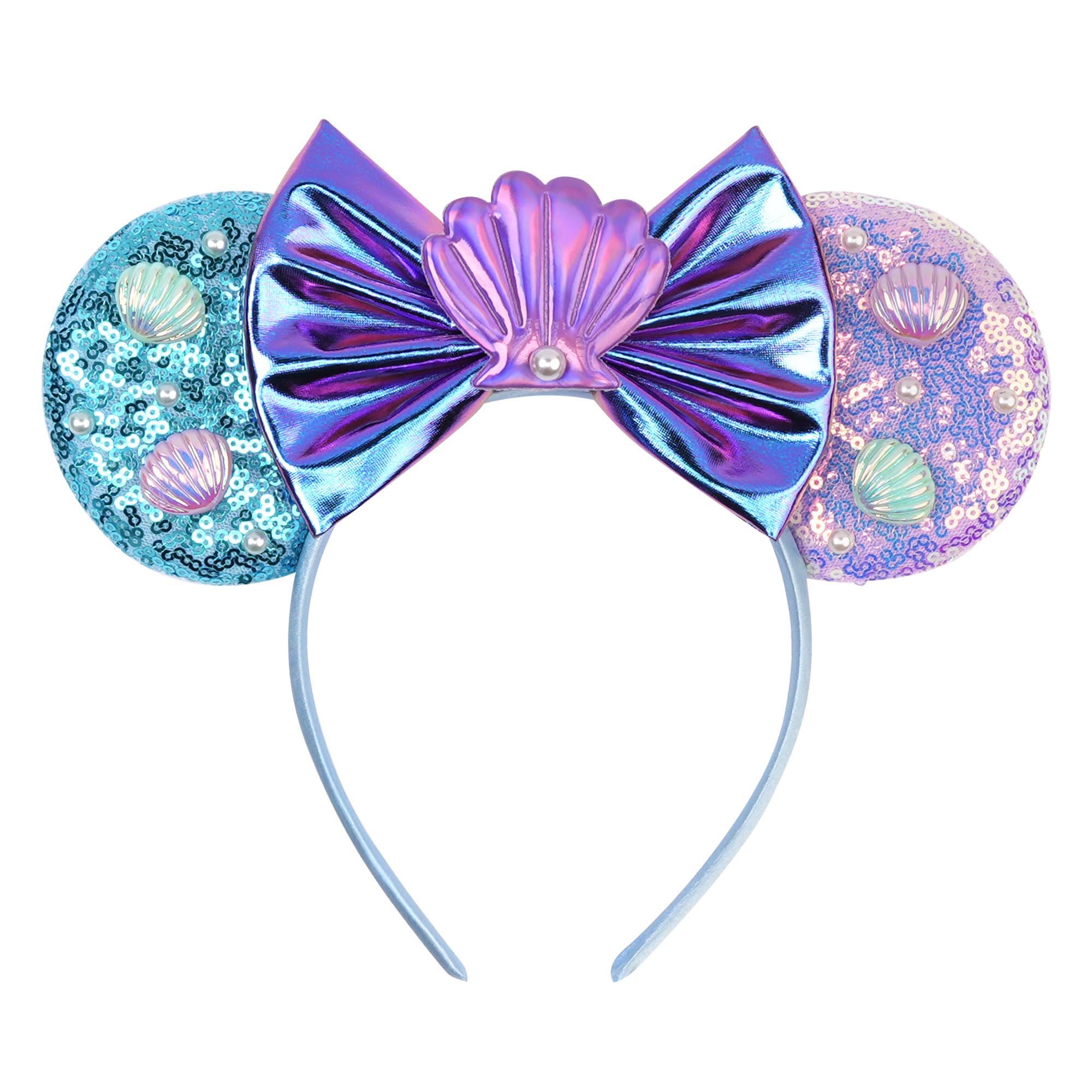 zhezesmila Iridescent Mermaid Mouse Ears Headband – Sequin & Seashell Costume Accessory Ears for Women & Girls – Ocean Princess Theme Park Outfit Purple/Shell