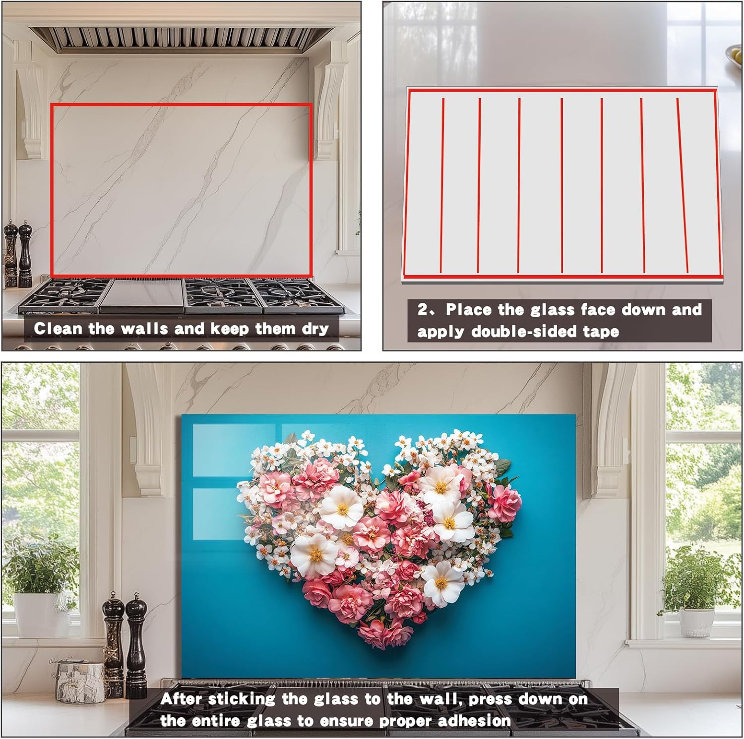 Evgosm Tempered Glass Backsplash for Kitchen, Flowers Stove Splashback, Glass Backsplash, Used for Kitchen Wall Protection and Decoration, Easy to Install and Clean.(30x20'')