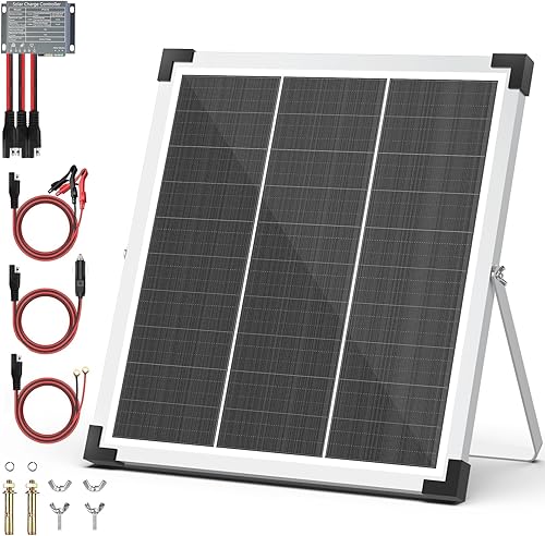 Kit de panel solar de 20 W 12 V - Cargador de batería de RV + controlador de carga de 10 A con enchufe de encendedor de cigarrillos y clip de