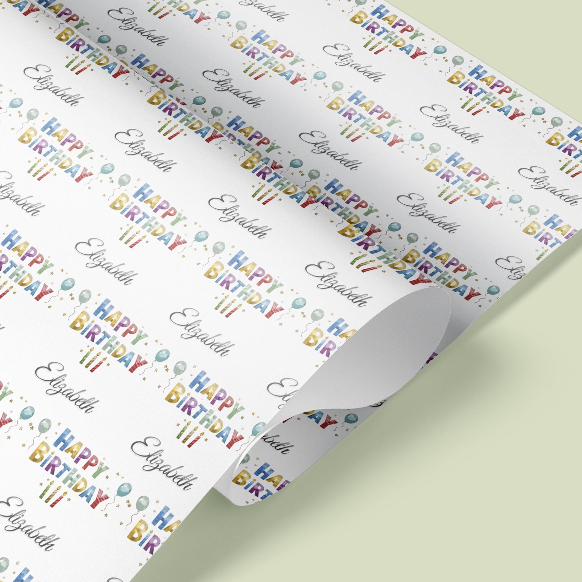 Personalised Birthday Wrapping Paper with Name – Custom Happy Birthday Gift Wrap – Premium Quality Paper – Any Name, All Ages – Colourful Balloons & Candles Design – UK Made (1mt)