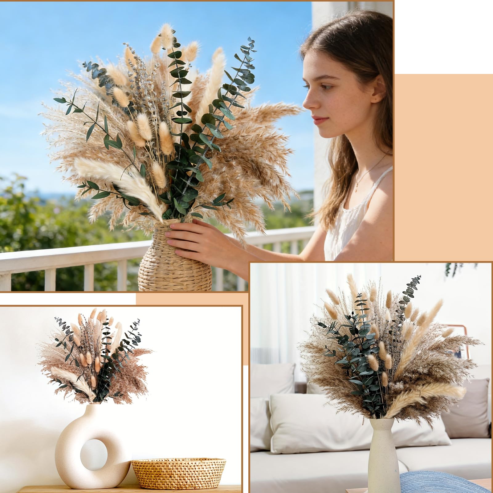 HhBdy 100 Piezas Pampas Secas Decoracion, Flores Secas con Eucalipto Preservado Flores Secas Naturales Decoracion Hogar Estilo Bohemio para Mesa de Comedor Boda Decoración para Fiestas