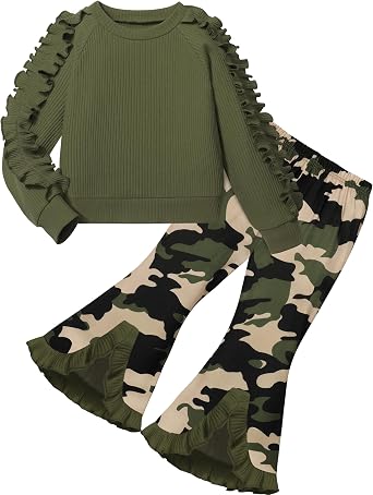 Toddler Girl Clothes Camo Girls Outfits Ruffle Sleeve Tops + Bell Bottom Flared Pants 2 Piece Winter Sweatsuit 2-10T
