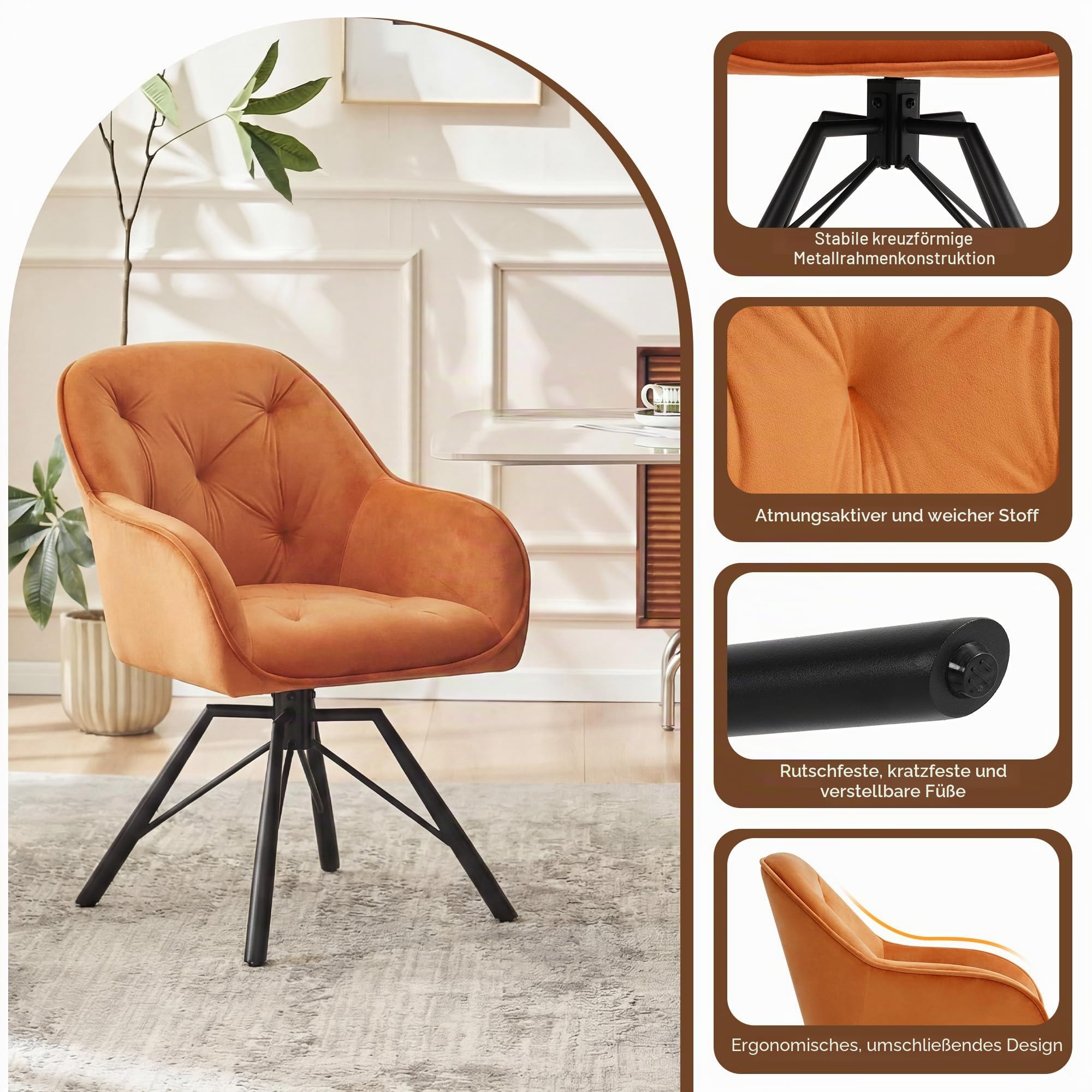 ELUCHANG Esszimmerstühle 4er Set, 360°Drehbar, Mehrschichtiger Dicker Schaumstoff Stuhl mit Hohen Armlehnen, Braun Samt, Gekreuztes Metallgestell bis 150KG, für Schlafzimmer Küche Wohnzimmer