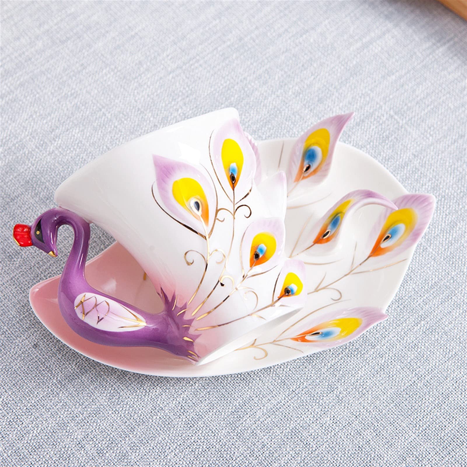 Kaffeetasse Kreative 3d handgefertigte Porzellan Email Peacock Kaffeetasse Set mit Untertasse und Löffel Keramik Tee Wasser Tasse Neuheit Geschenke (230ml) Teetasse ( Color : Blauw , Size : 230ml )