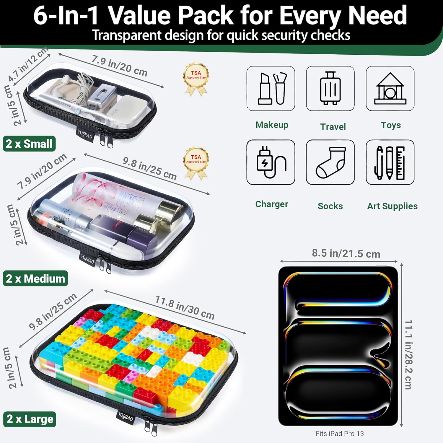 YQBRAO 6 Pack Sleek Black Clear Hard Shell Zipper Case, 1.2mm Heavy Duty Tech & Cosmetic Bags, Crush-Proof Electronic Storage & Makeup Organizer for Travel, Tools & Diaper Bag (2L+2M+2S)