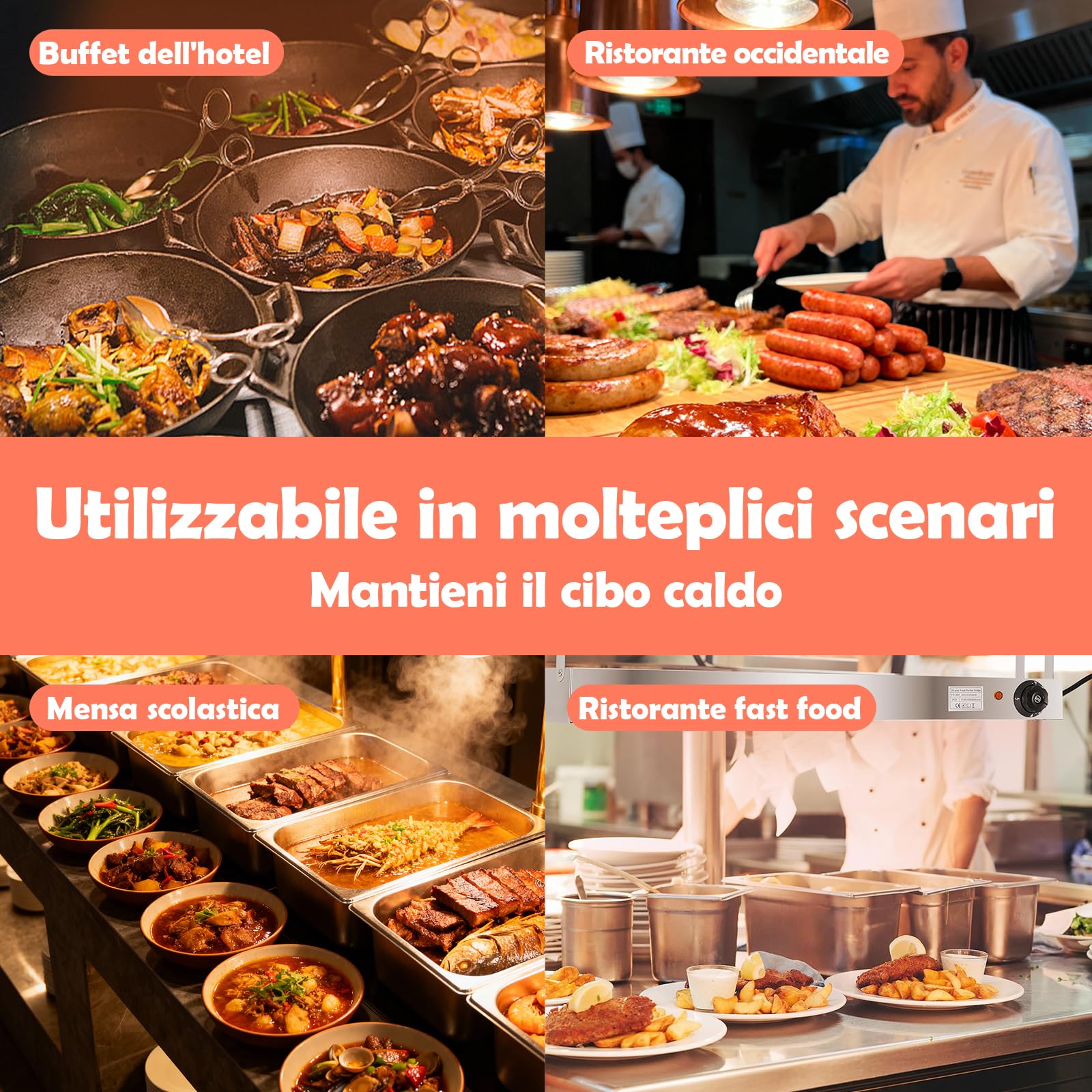 Lampada Scaldavivande da Cucina | Lampada Riscaldante a Infrarossi a Sospensione, Temperatura Regolabile (30–80 °C) | Lampada Scaldavivande a Sospensione adatta a Buffet, Mense e Hotel (1, 90cm)