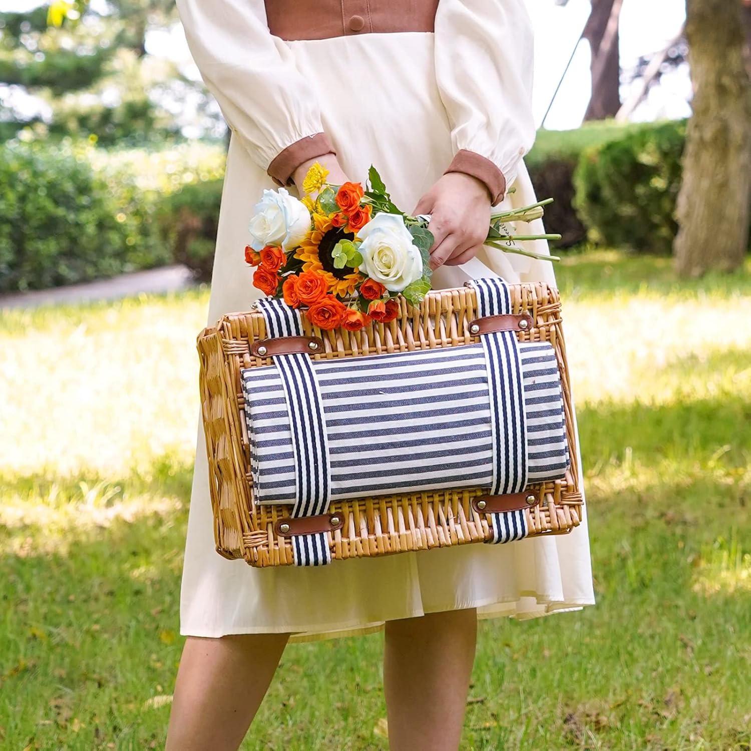 Wicker Picnic Basket Set for 2 Persons with Blanket,Handmade Willow Picnic Basket with Insulated Cooler & Cutlery Kit, Gift Basket for Couples,Valentine Day,Birthday, Wedding, Outdoor Party - Image 2