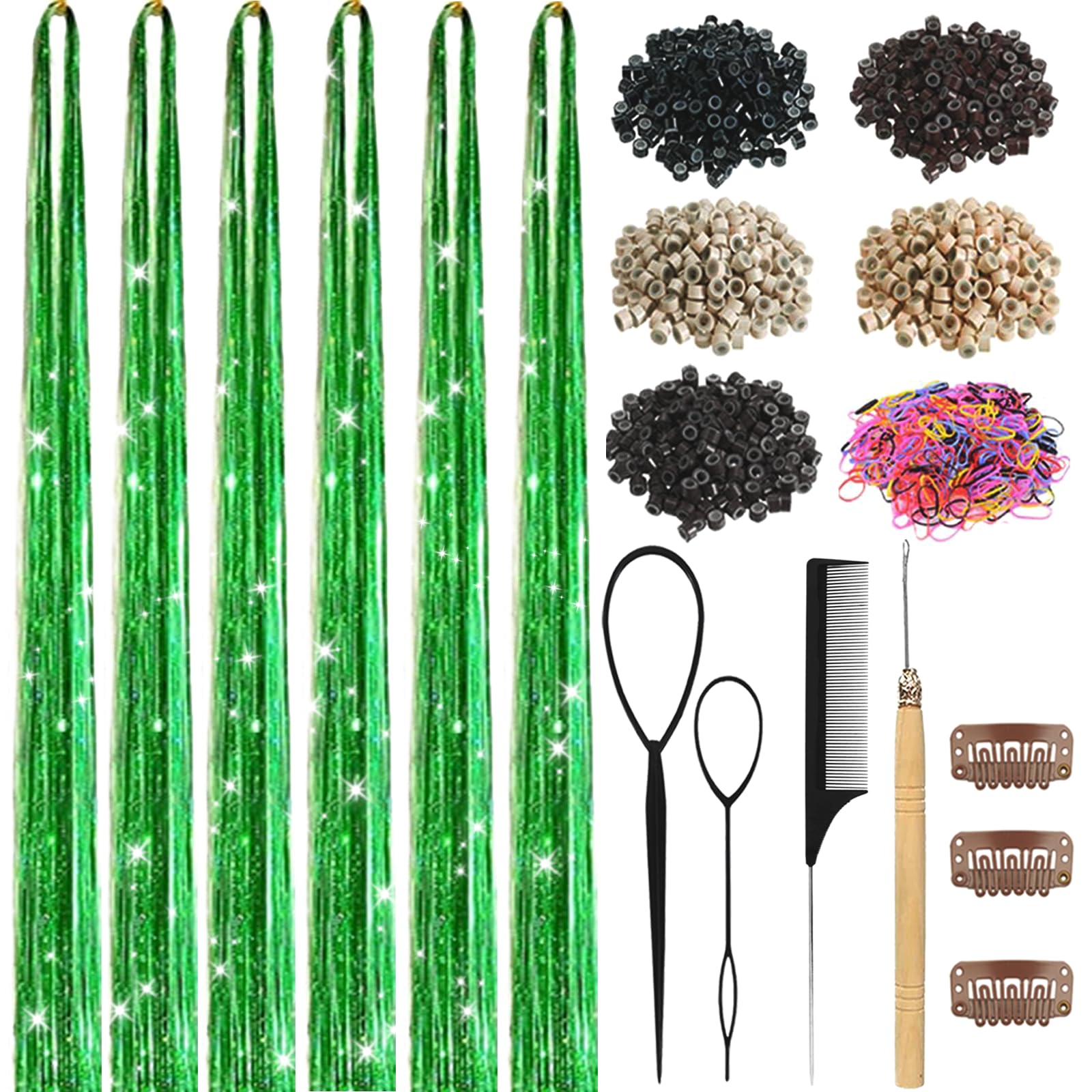 Green Hair Tinsel Kit for Girls 1800 Strands Fairy Tinsel Hair Extensions Holographic Hair Tinsel Heat Resistant Colored Hair Glitter Christmas Party Festival (Green)