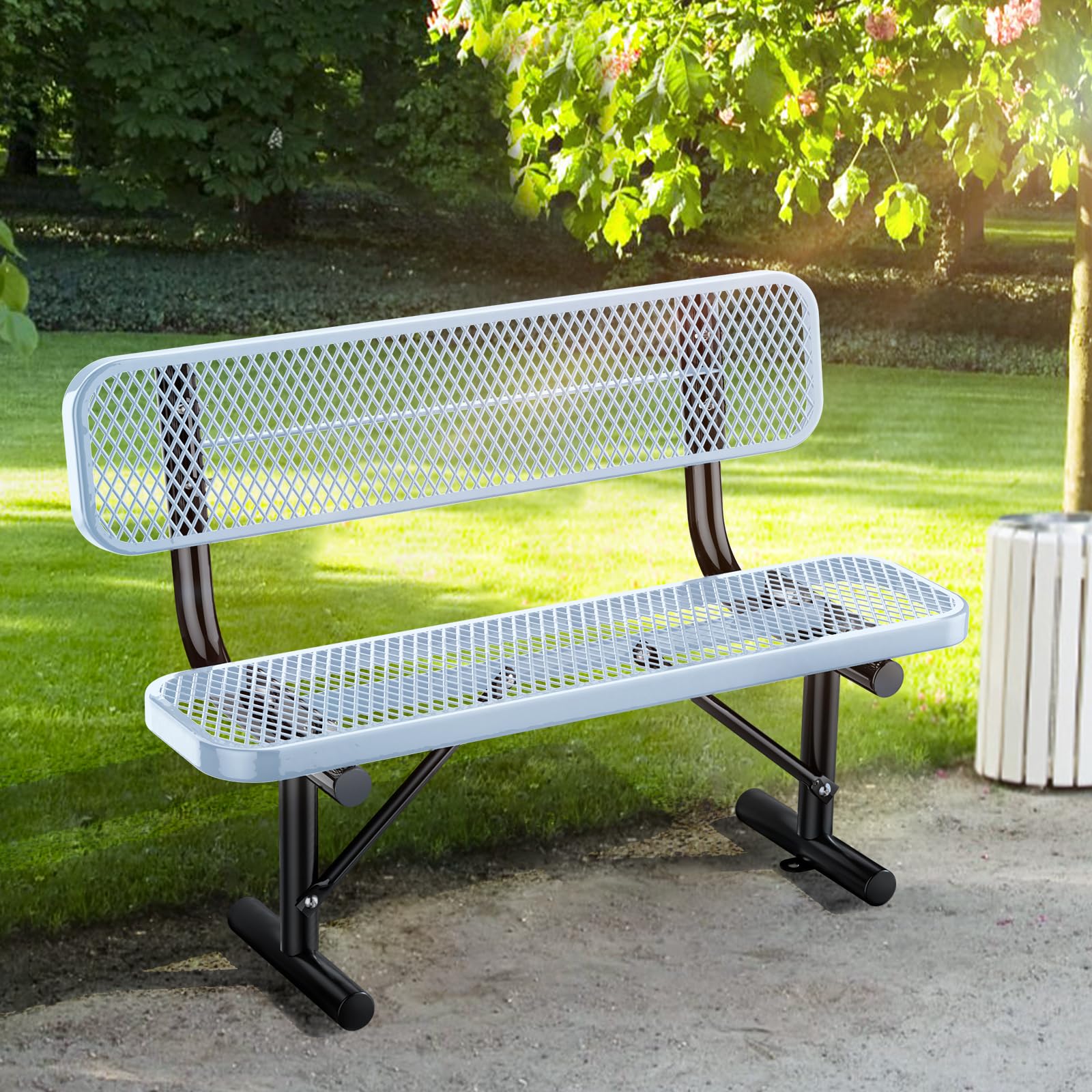 Thermoplastic Coated Iron Park Bench for Outside, Heavy Duty Metal Garden Bench, Expanded Commercial Grade Seating for Shopping Malls, Lawn Yard Porch Entryway (Grey with Backrest, 48IN)