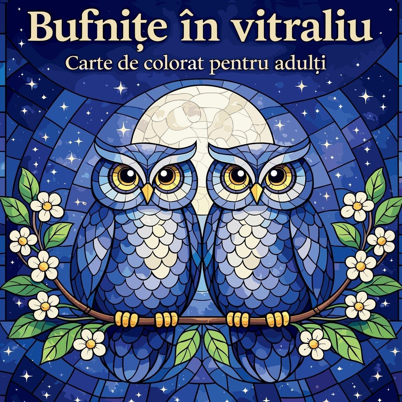 Bufnițe în vitraliu - Carte de colorat pentru adulți