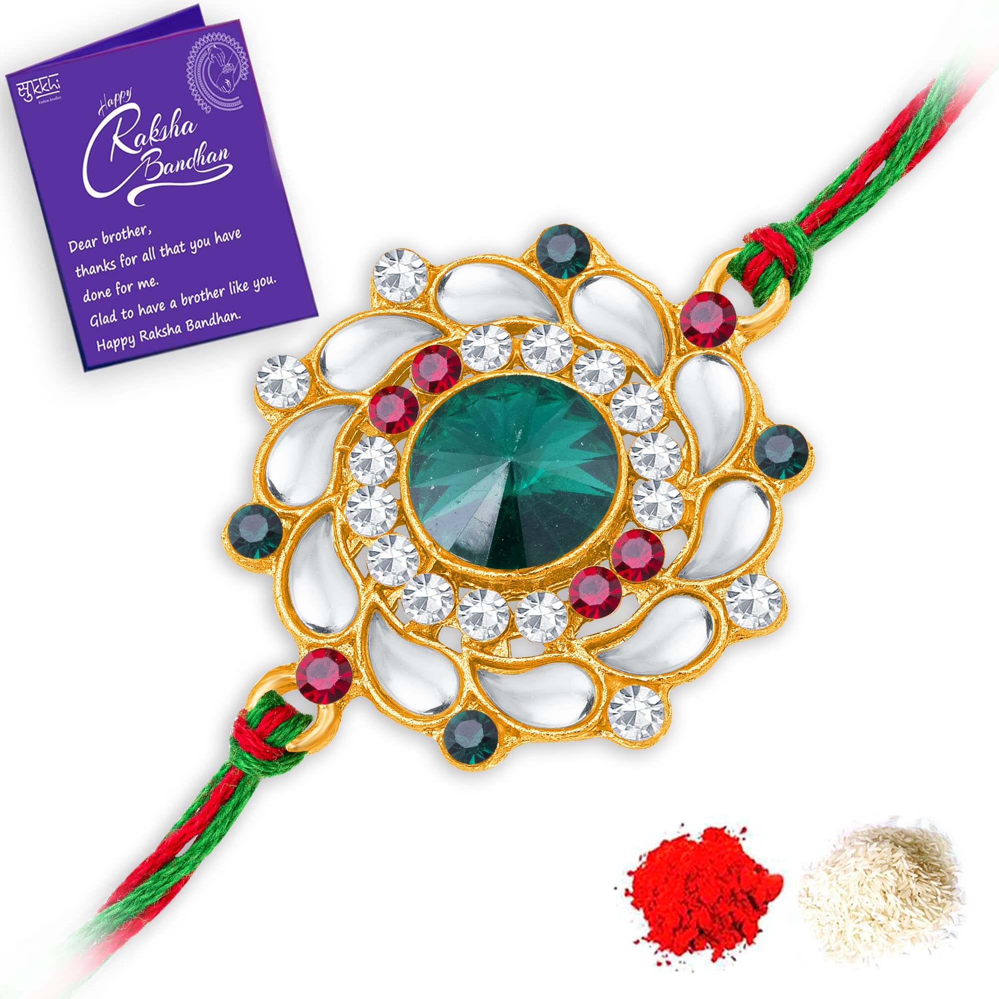 Sukkhi Floral Kundan Designer Gold Plated Rakhi for Brother, Festival Rakhi for Men, Traditional Raksha Bandhan Gift with Roli Chawal & Greeting Card