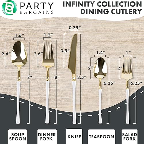 Miniatura 3 de Party Bargains Juego de cubiertos desechables de plástico blanco dorado, utensilios de diseño moderno infinito, paquete de 40 16 tenedores, 8