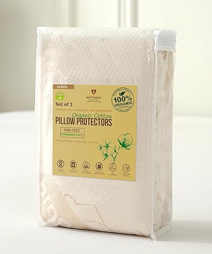 Paquete de 2 protectores de almohada de lujo 100% algodón orgánico, tamaño Queen, certificado Oeko-TEX, impermeables, con cremallera, fundas de