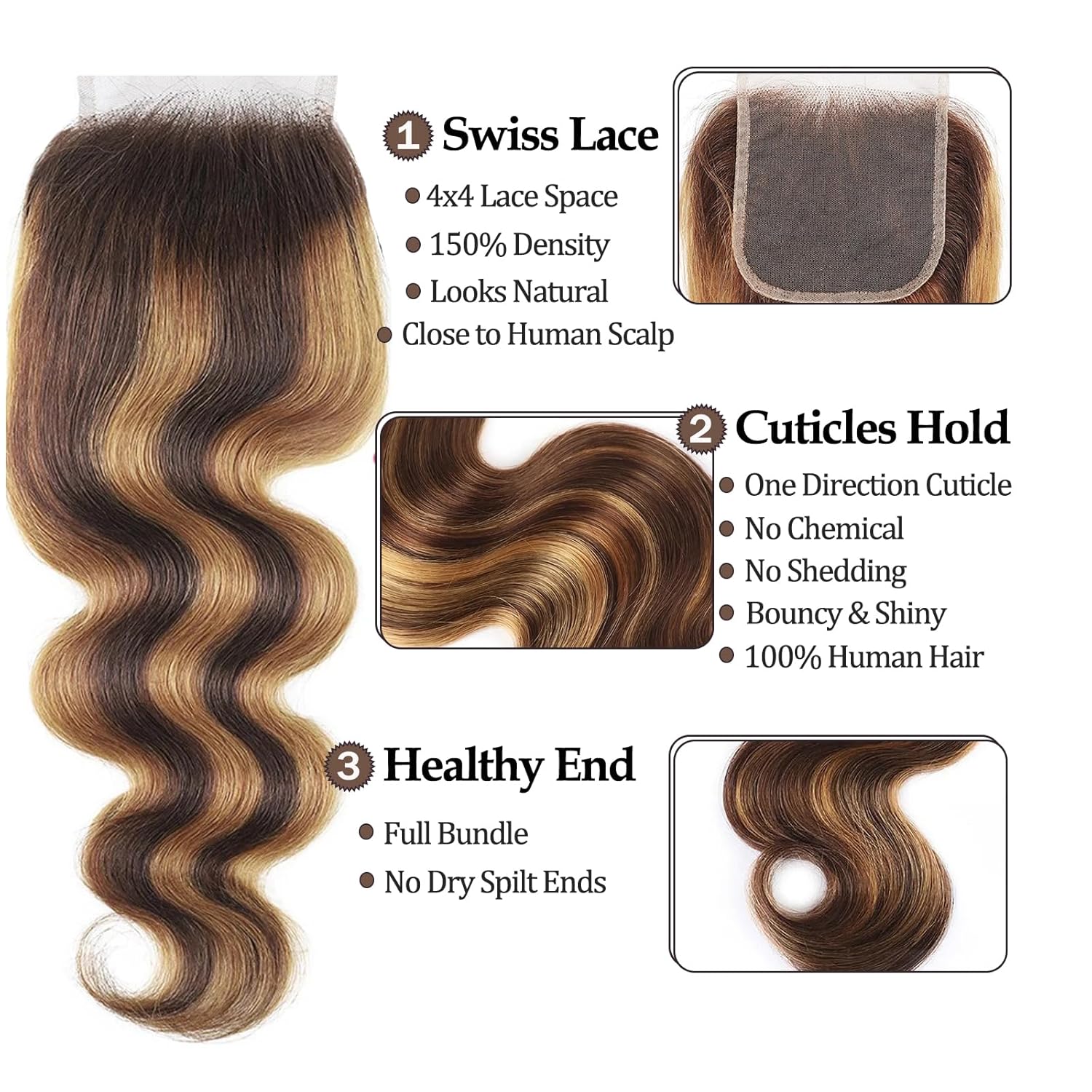 P4/27 Body Wave Bundles Human Hair with Closure-10A Real Raw Brazilian Virgin Hair, Ombre Highlight 3 Bundles+4x4 Lace Closure(18/20/22+18inch), Natural Hairline for Daily & Party Wear