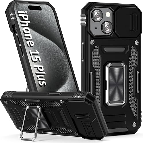 Funda para iPhone 15 Plus Phone Case iPhone 15 Plus Funda con cubierta de cámara, con soporte de anillo atril, con función de montaje magnético para