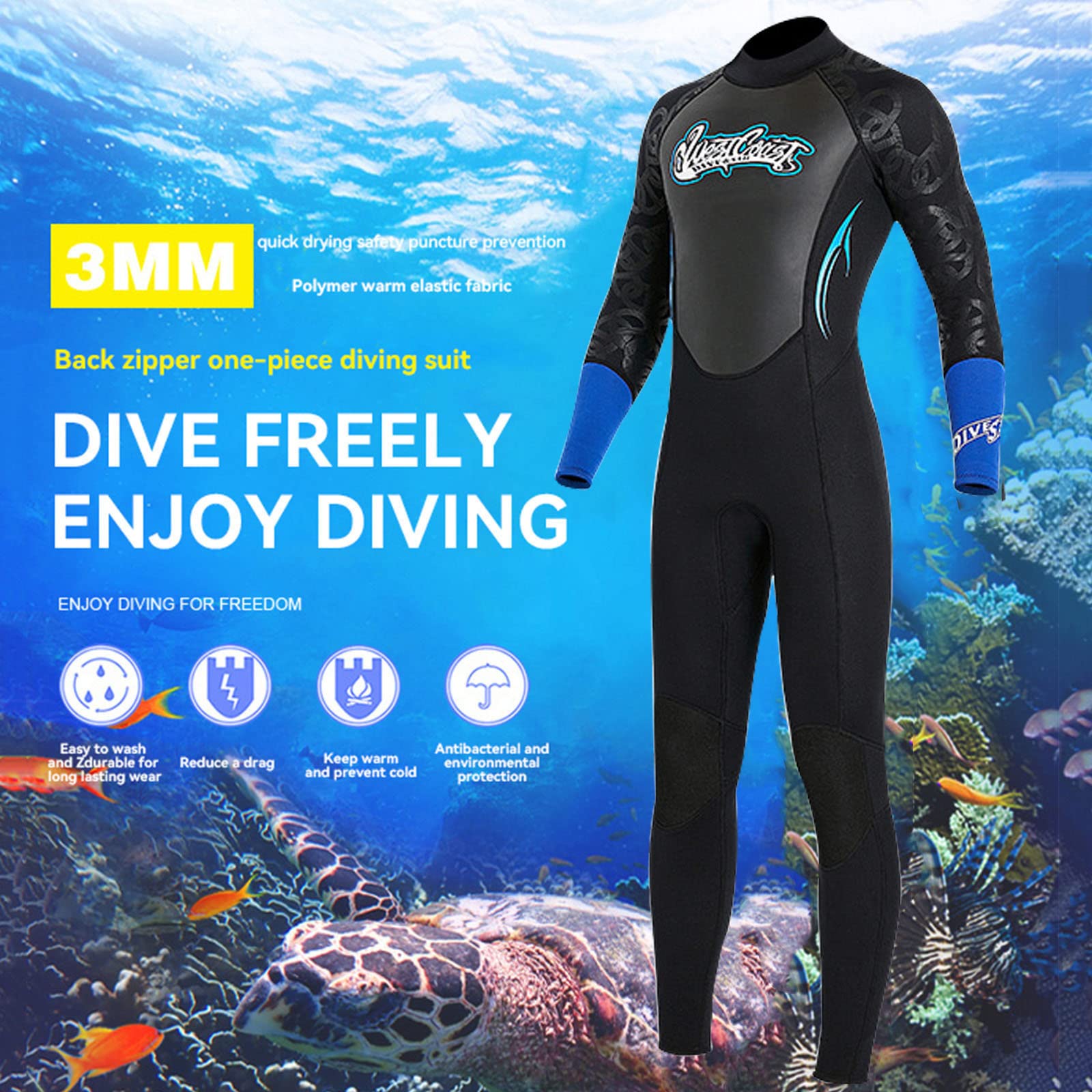 Soyeacrg Neopren-Neoprenanzug Damen Herren 3 mm Tauchausrüstung Rückenreißverschluss Ultra-Stretch-Badeanzug Einteiler Langarm Warme Tauchanzüge zum Surfen Schnorcheln Schwimmen