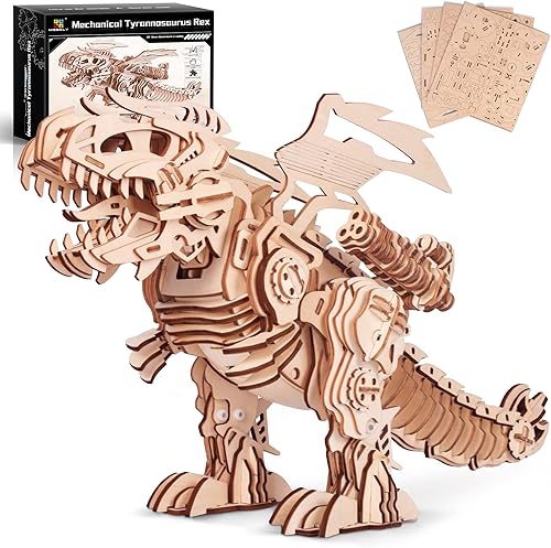 MIEBELY Rompecabezas de madera 3D para adultos, kits de modelo de dinosaurio T-Rex pueden caminar y rugir, juguetes mecánicos STEM de dinosaurios