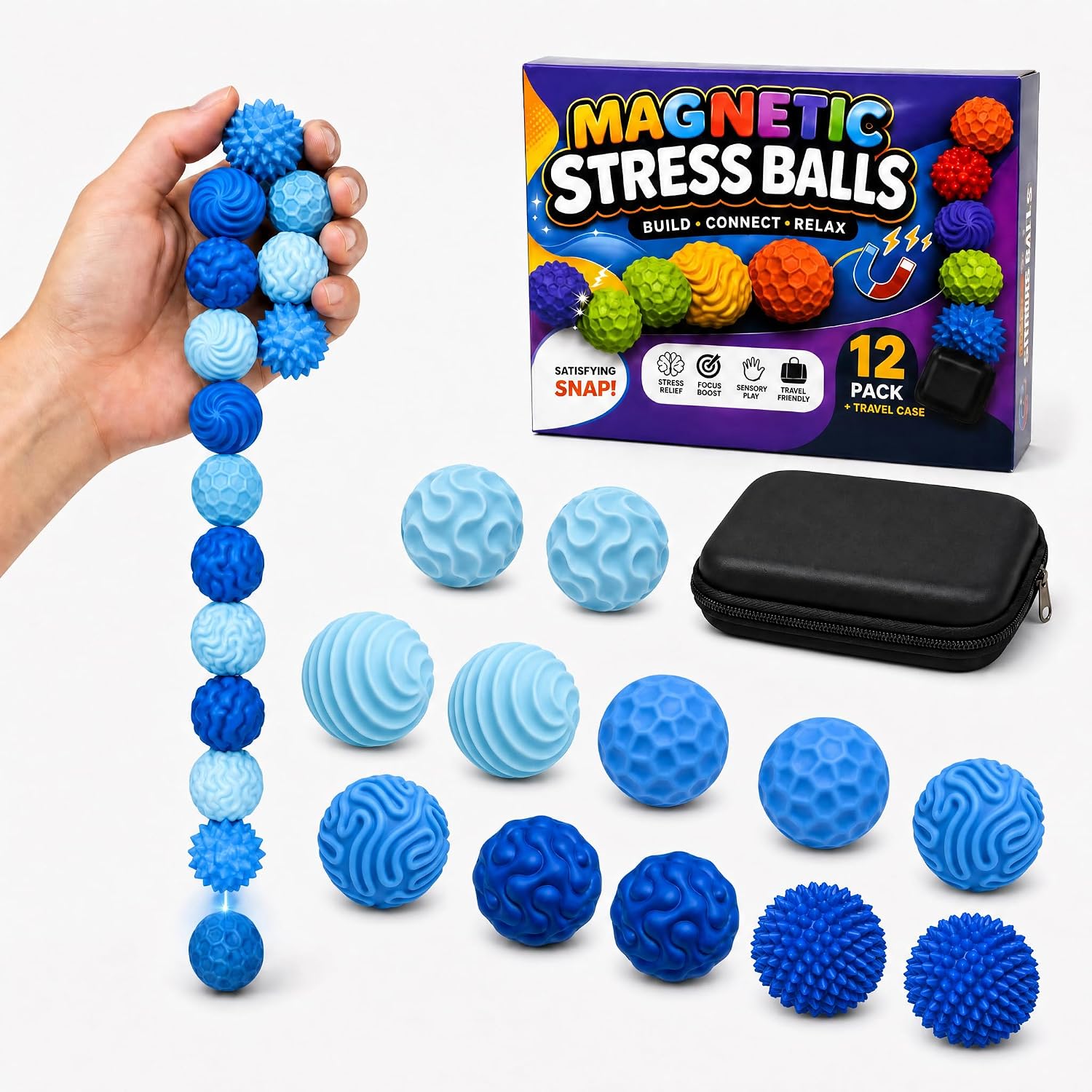 12 Pack Blue Color Set Magnetic Stress Balls for Adults, Textured Silicone Fidget Balls with Travel Case, Tactile Sensory Desk Accessories for Office, Home and Travel