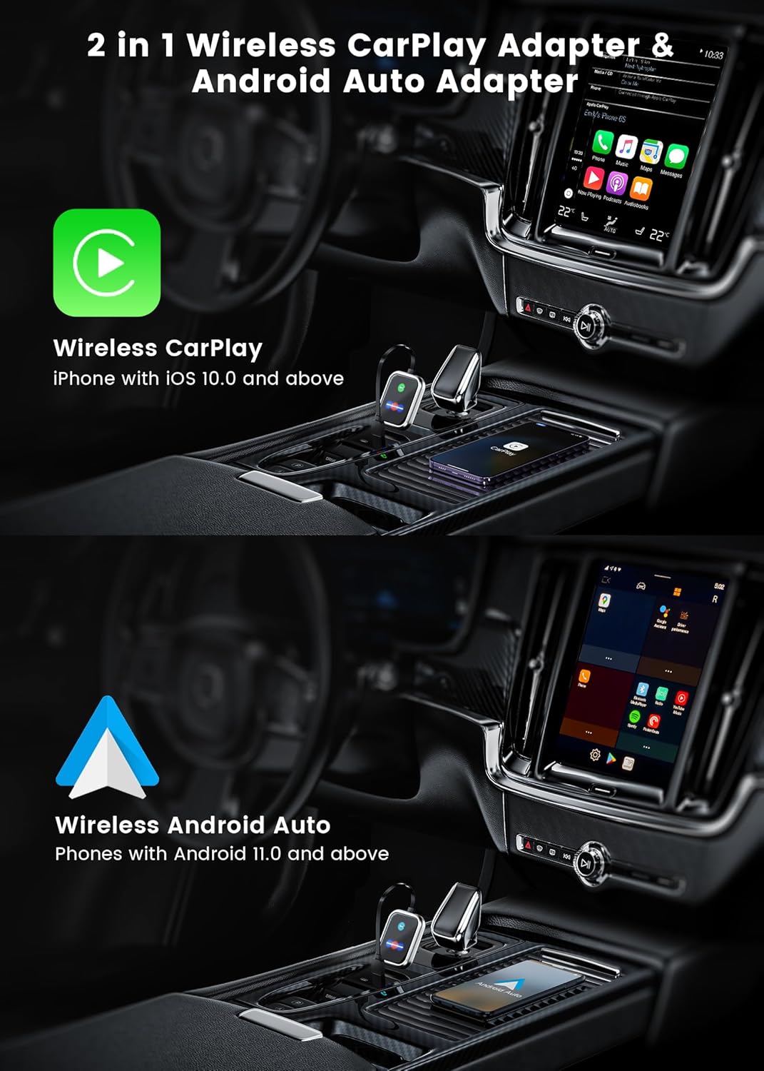 Wireless CarPlay Adapter for iPhone Apple iOS 10+, 2 in 1 Android Auto Wireless Adapter for Phone Android 11+, Wired to Wireless Only for Cars with OEM Wired CarPlay  Android Auto from 2016