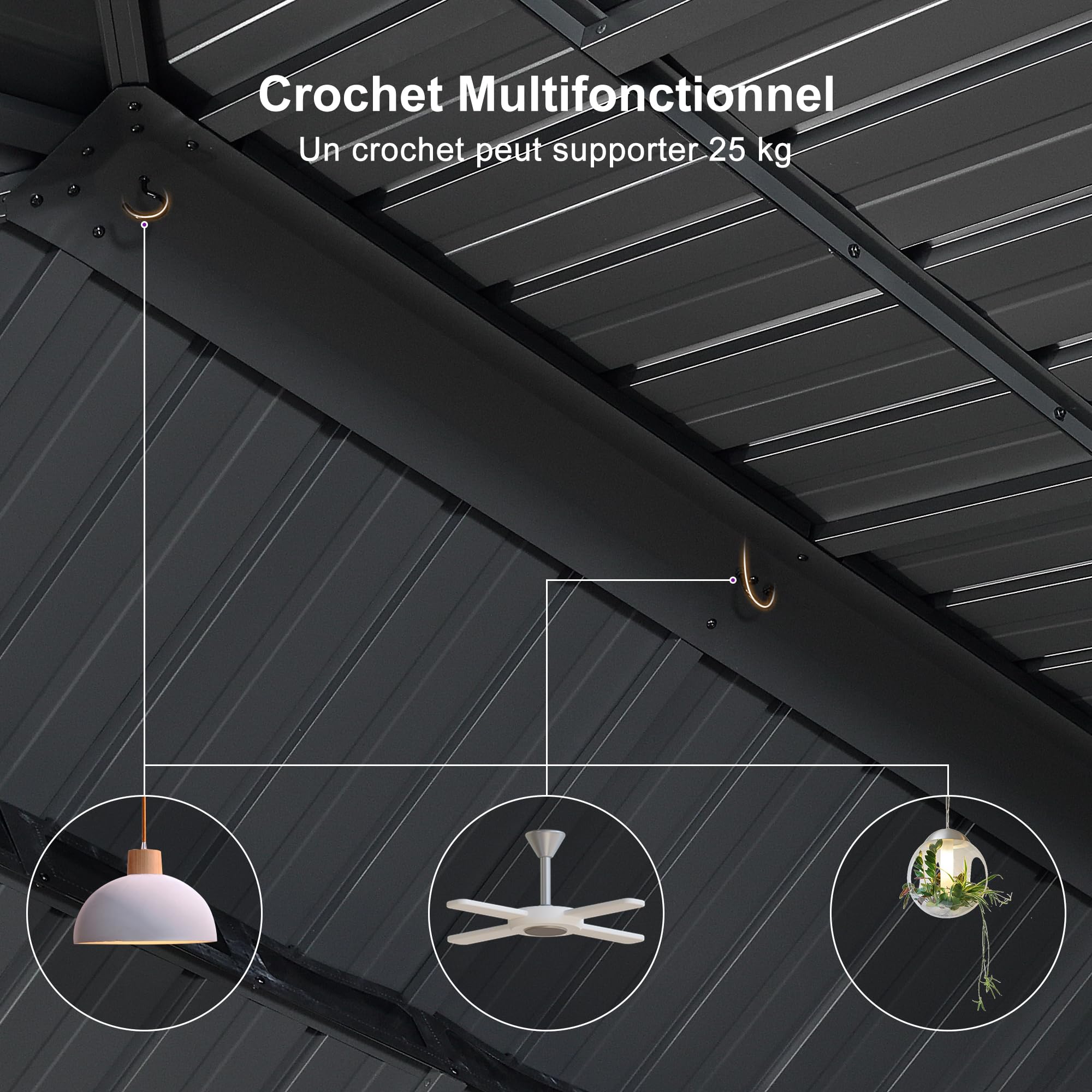 PURPLE LEAF Pergola Tonnelle de Jardin 3,65 × 3 m Toit Rigide Double Acier Galvanisé Gouttière Intégrée Poteaux Renforcés Rideaux Moustiquaire Gris