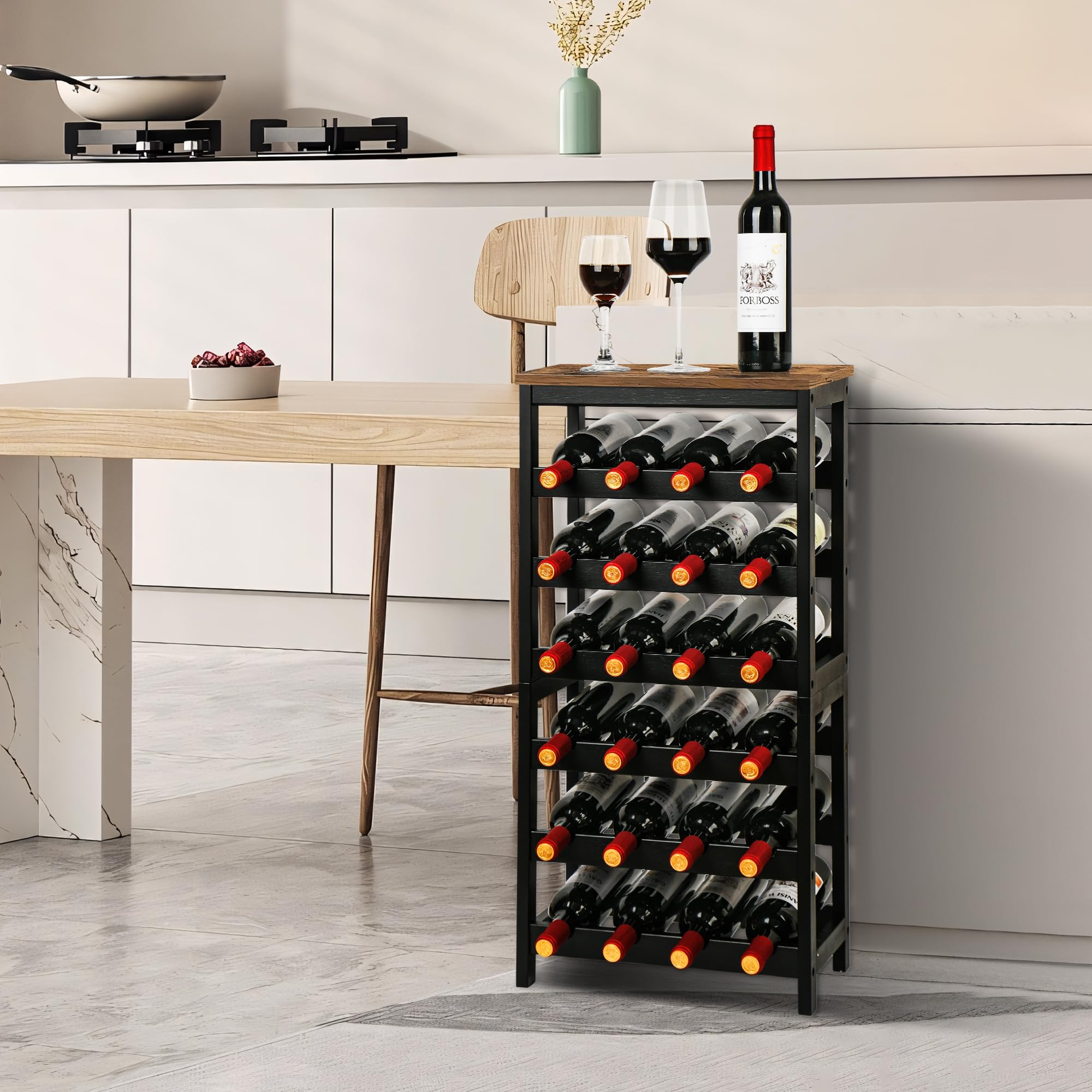 VASMIA Cantinetta Portavino in Legno Bambù con 24 Scomparti per Vino Champagne, Portabottiglie da Terra, Cantina per Angolo Bar, Salotto, Cucina,Marrone Vintage