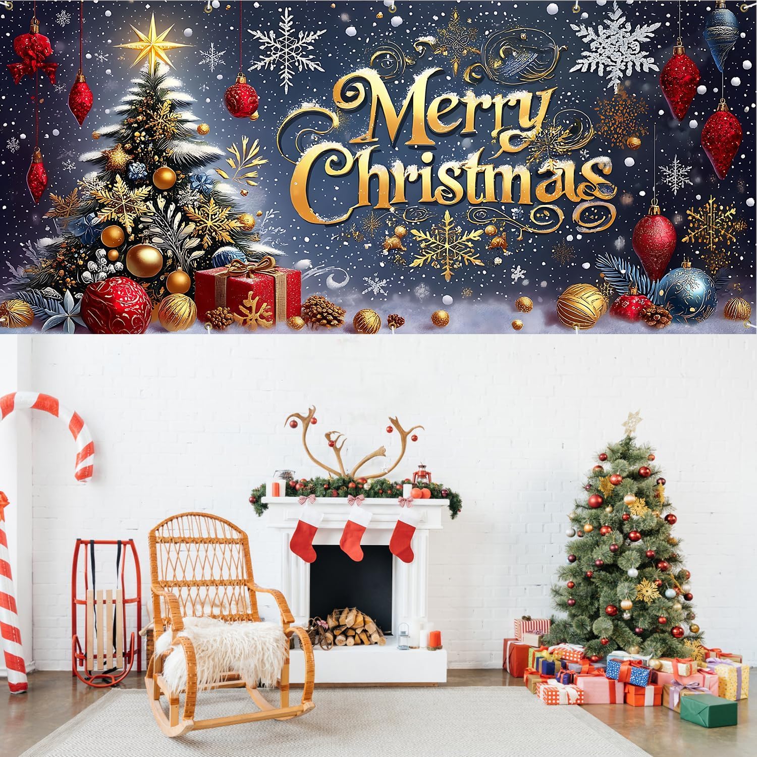 16x7Ft Luxury Garage Door Decorations - Golden Text with Decorated Tree and Snowfall, Outdoor Indoor Holiday Decor for Holiday Party Background