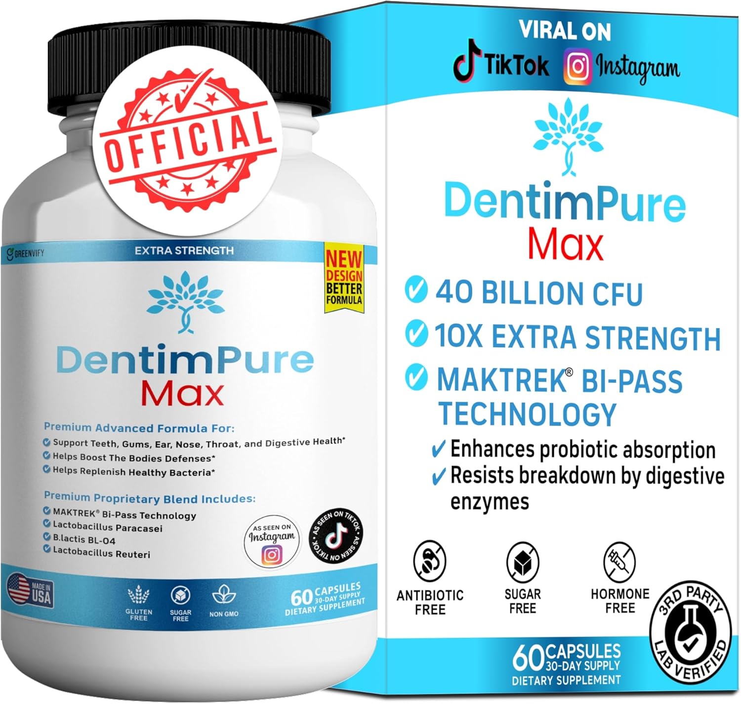 DentimPure Max Extra Strength Probiotic Supplement with 40 Billion CFU – Supports Teeth, Gums, Ear, Nose, Throat & Digestive Health – 60 Capsules (1)
