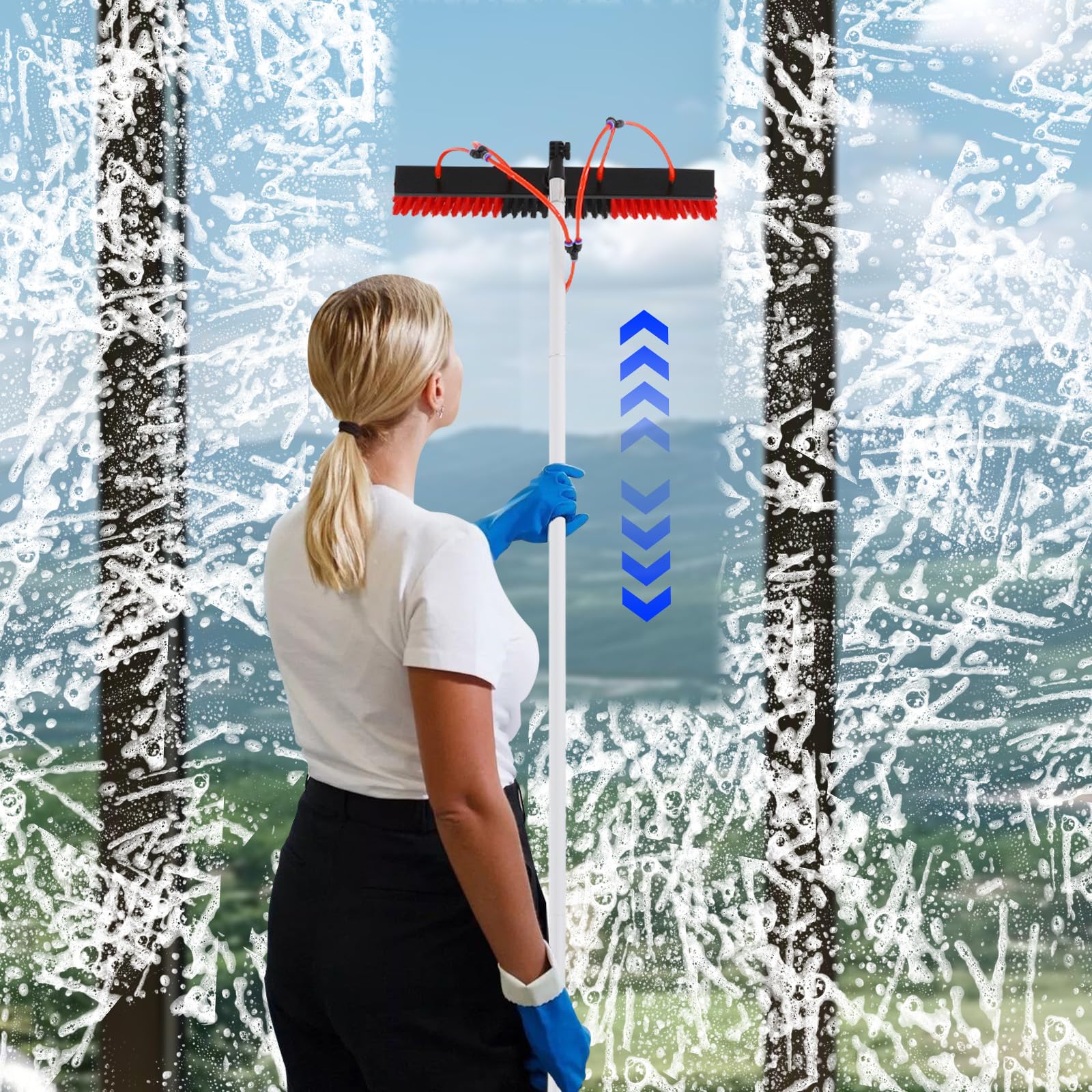 Barra de limpieza para ventanas exteriores, 1 – 9 m, cepillo telescópico para limpieza de ventanas, kit para panel solar con tubo de agua largo