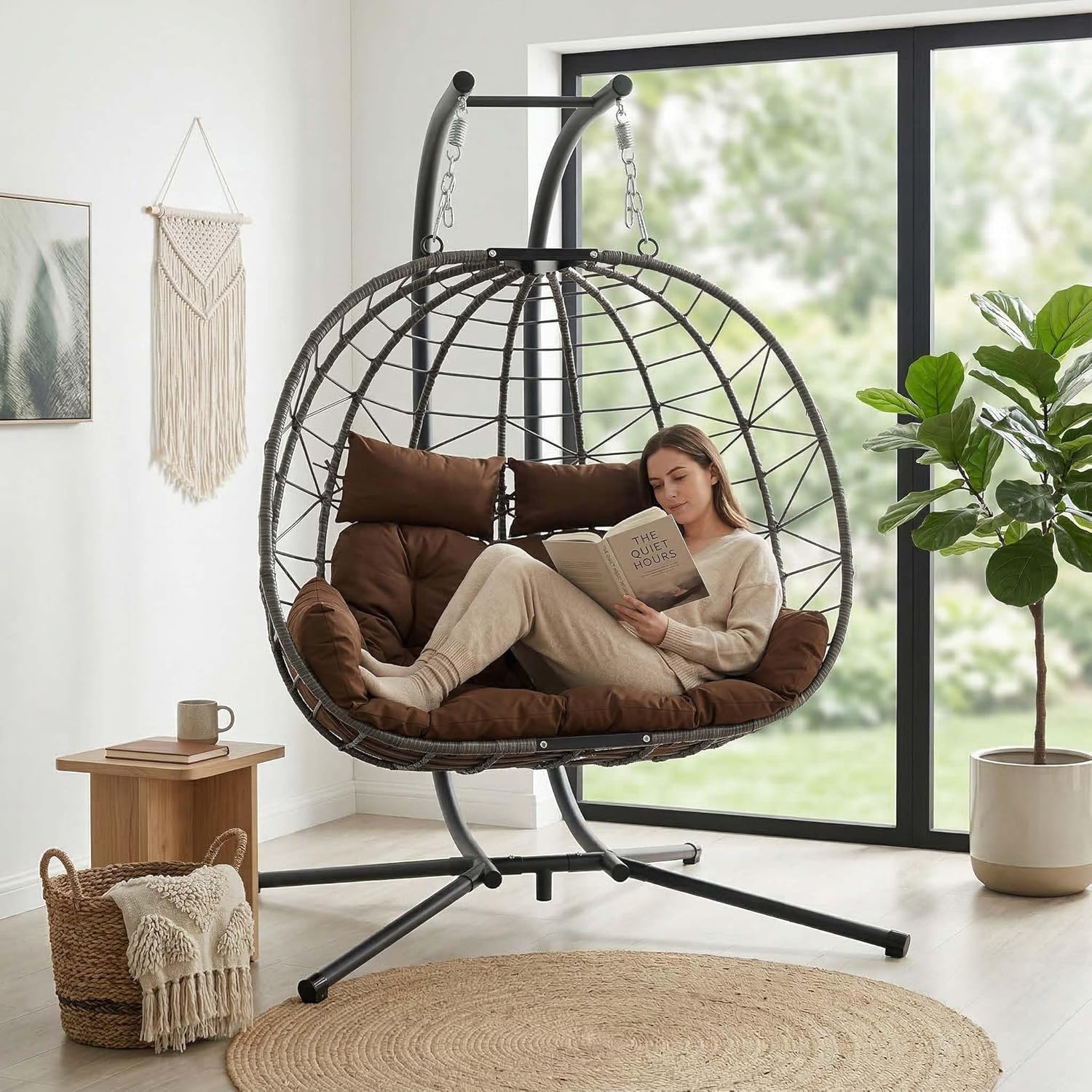 Extra Large Double Egg Chair Outdoor & Indoor, 2 Person Wicker Hanging Egg Chair with Stand, Heavy Duty Boho Patio Hammock Loveseat with Plush Cushions for Balcony, Garden, Bedroom (Brown, 2 Person)