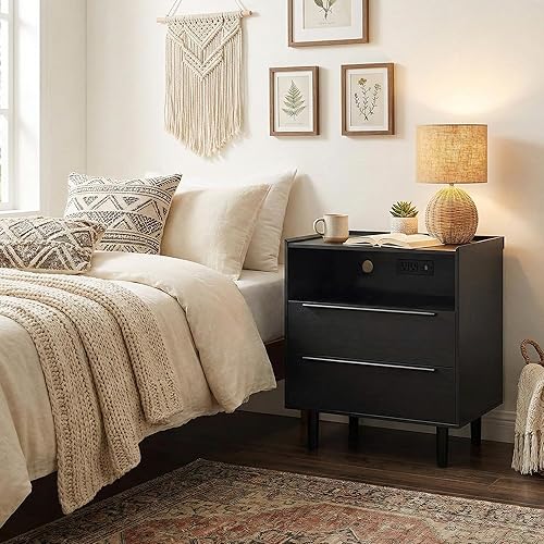 Miniatura 3 de Juego de 2 mesitas de noche negras modernas con estación de carga oculta, puertos USB, orificio para cable, bandeja superior y 2 cajones, mesitas de