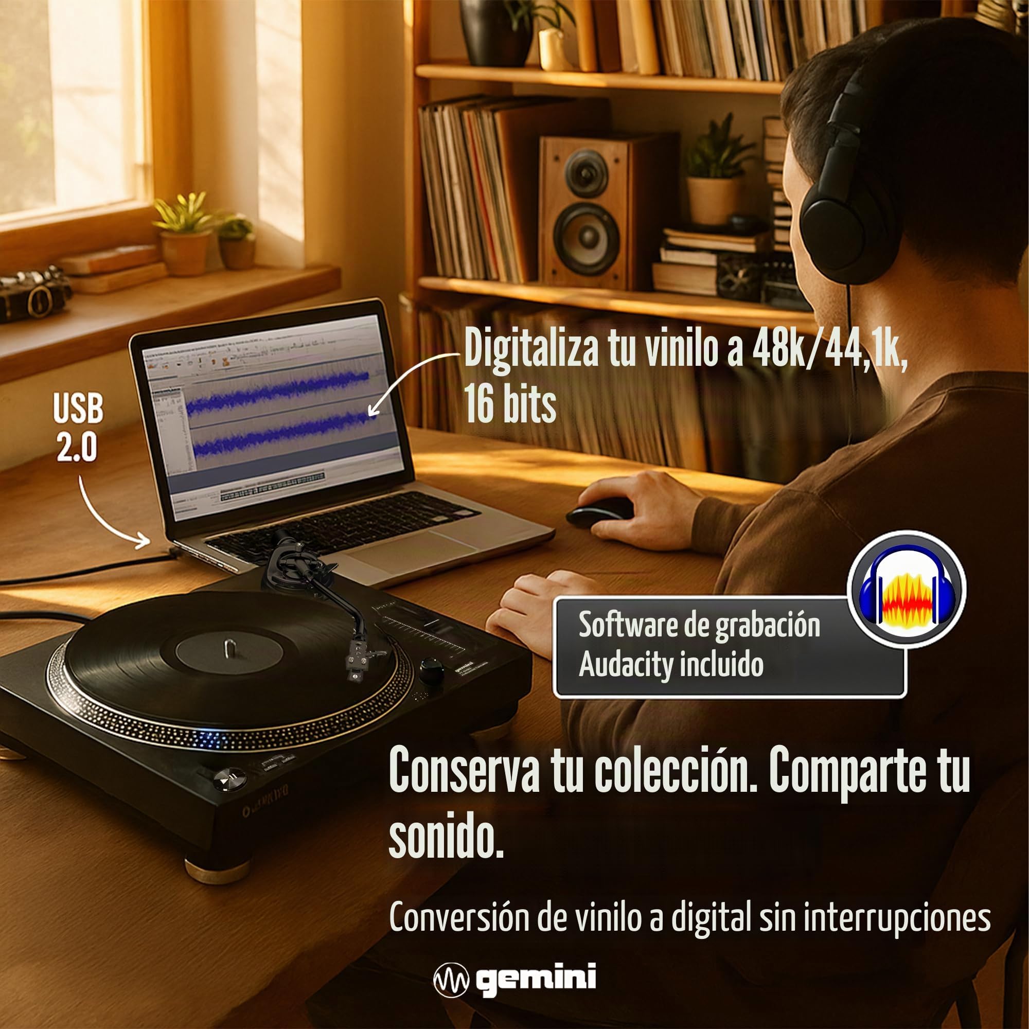 Gemini Sound TT-5000 Tocadiscos de accionamiento Directo de Alto par con USB, Vinilo digitalizado, preamplificador Fono Integrado, 33/45/78 RPM, Control de Tono, Listo para DJ