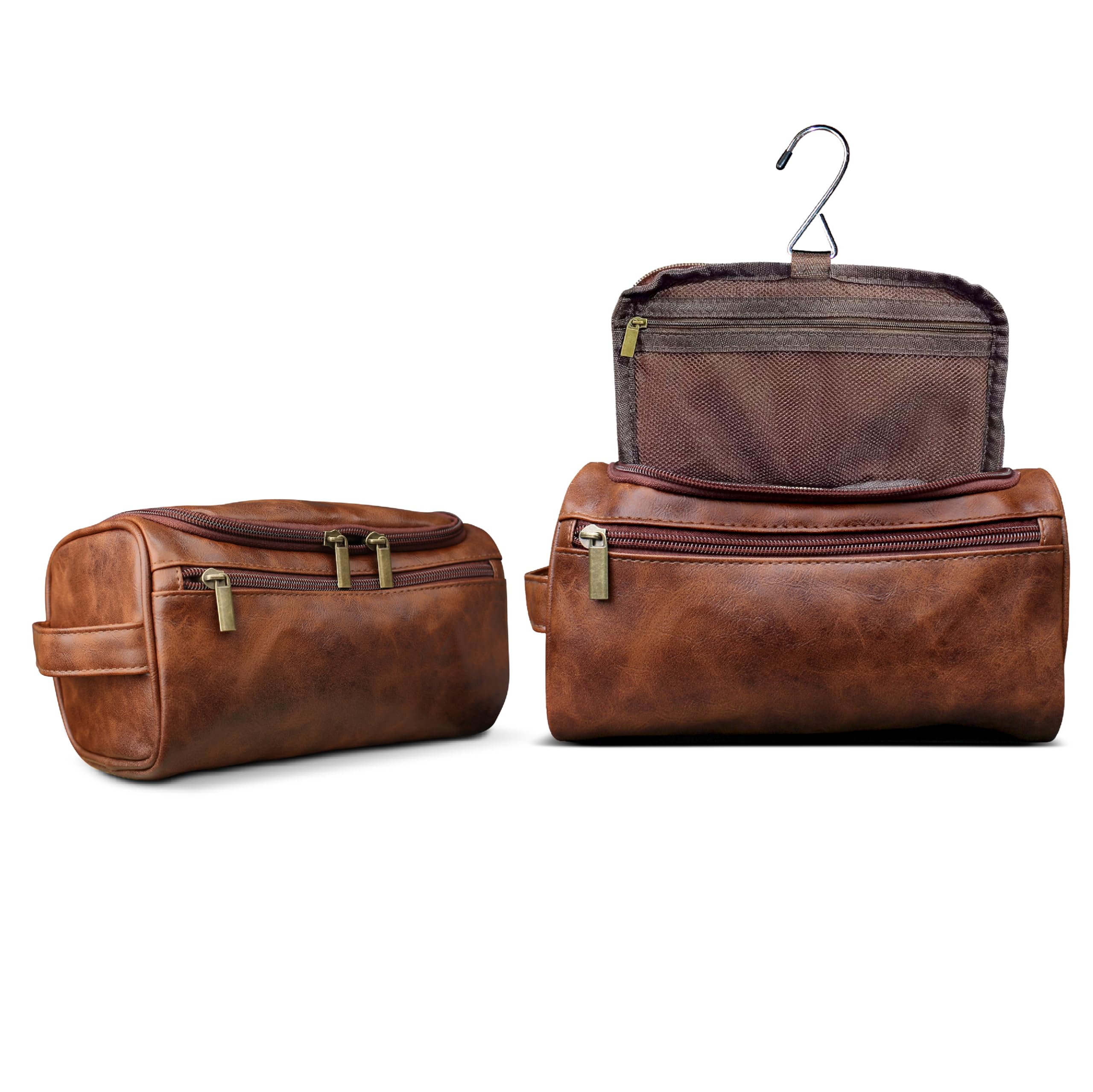Travel Toiletry Pouch for Men & Women with Mesh & Hook Attachment| 25Cm Water Resistant PU Leather Vanity Case, Toiletry Kit, Travel Shaving Kit, Makeup & Cosmetic Organizer - Classic Brown-image-4