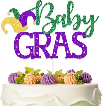Baby Gras Cake Topper, Mardi Gras Baby Shower Cake Decorations, We Got the Baby Mardi Gras Theme Party Decor Sign, King or Queen What Will Baby Be Gender Reveal Party Supplies Green Purple & Gold